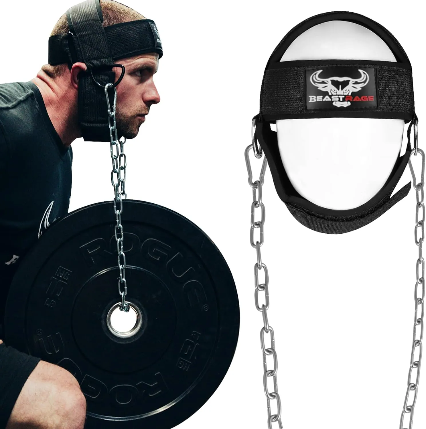 BEAST RAGE Neck Harness for Men, Long Steel Chain 30 inches Weightlifting Head Trainer Adjustable Strap Workout Muscle Strengthener Gym Training Ladies Chin Weight Training Padded Support