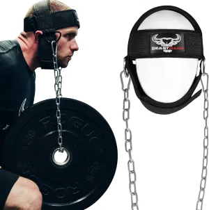 BEAST RAGE Neck Harness for Men, Long Steel Chain 30 inches Weightlifting Head Trainer Adjustable Strap Workout Muscle Strengthener Gym Training Ladies Chin Weight Training Padded Support