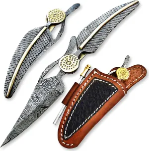 Beautiful Damascus Steel Feather Folding Knife – Handmade Pocket Knife with Leather Sheath – Compact & Durable EDC Knife for Outdoor Adventures, Camping, Hunting & Gift Giving