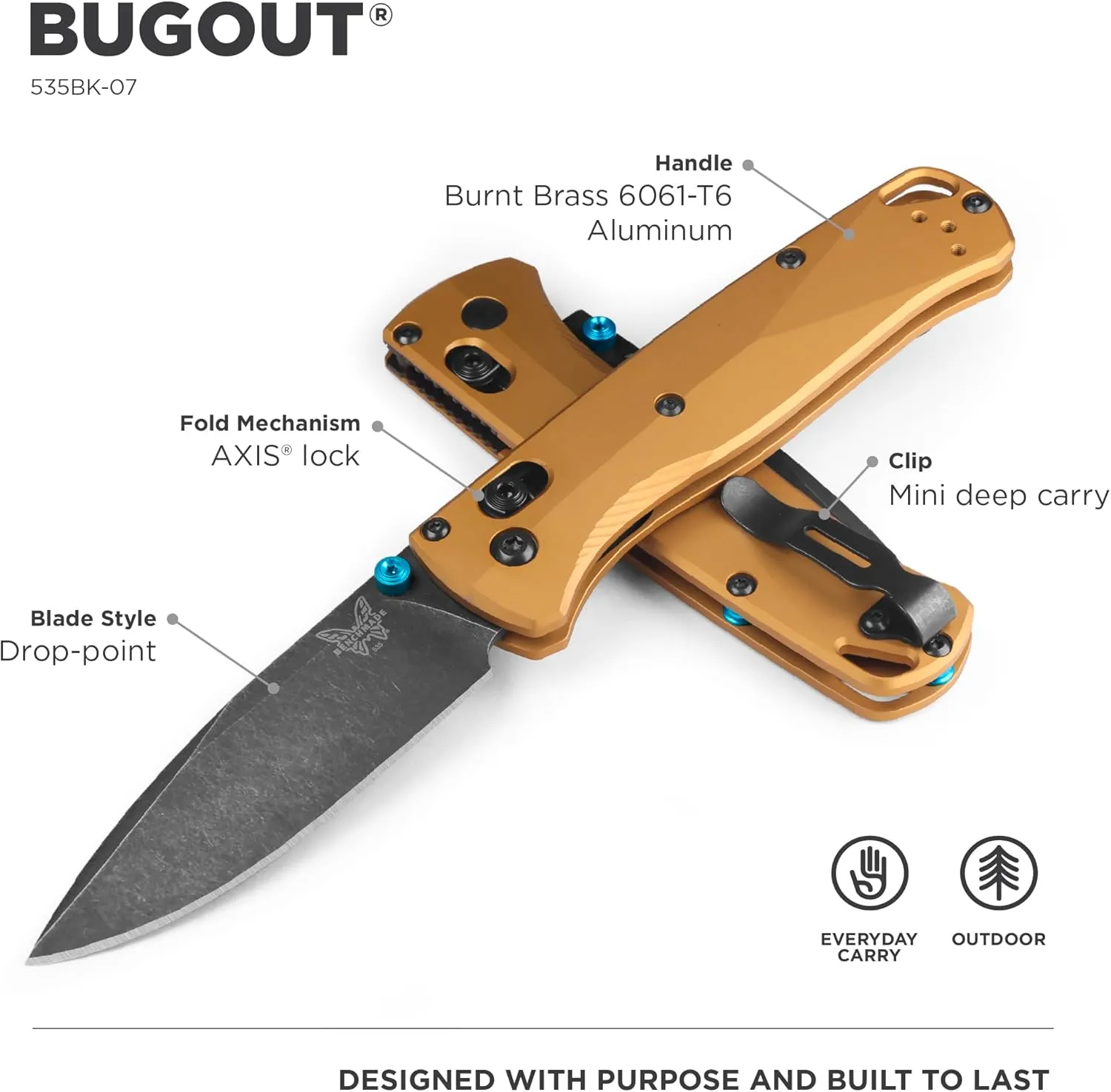 Benchmade - Bugout Folding Knife with Burnt Brass Aluminum Handle (535BK-07)
