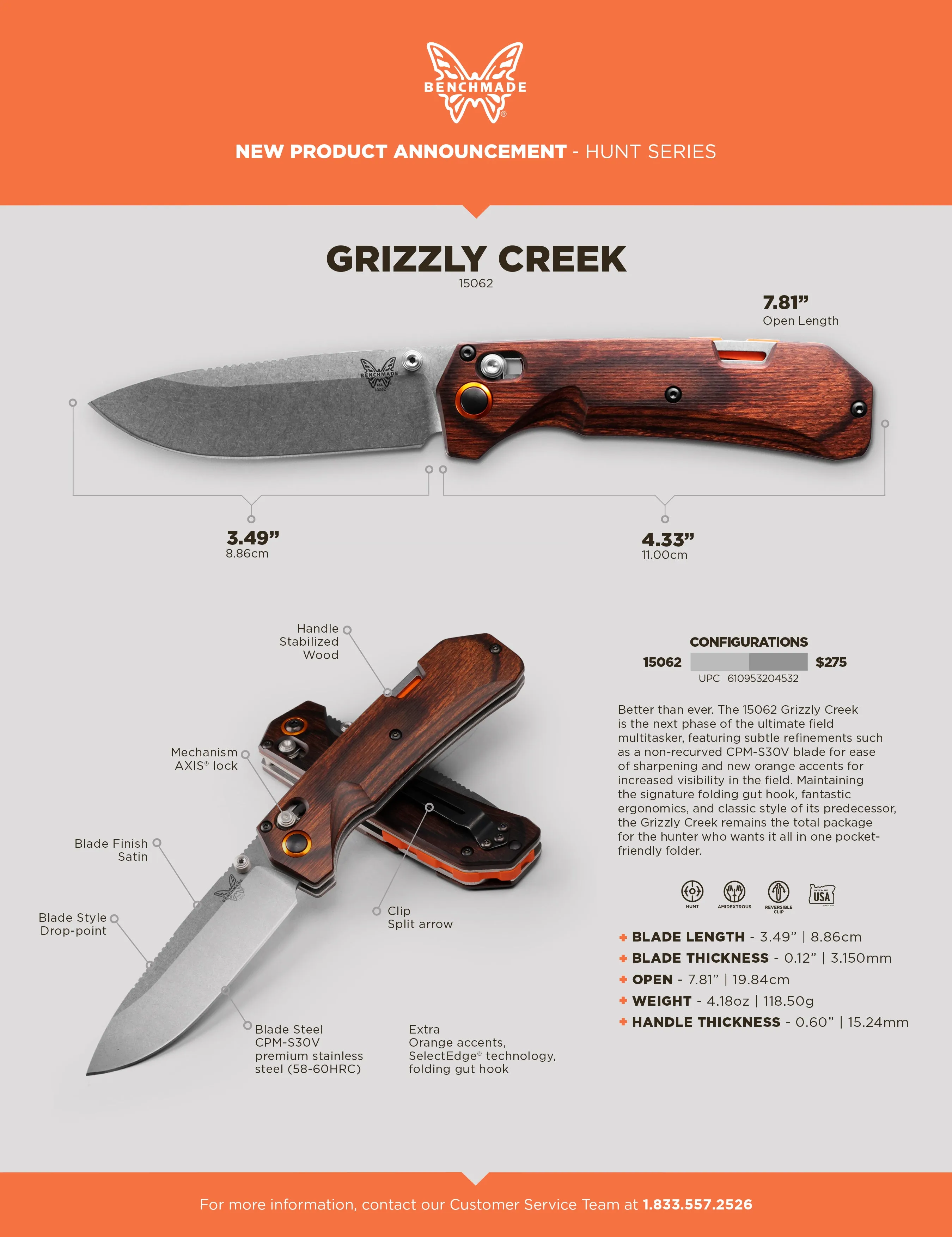Benchmade Grizzly Creek 15062 Stabilized Wood 3.49" CPM-S30V Stainless Folding Pocket Knife