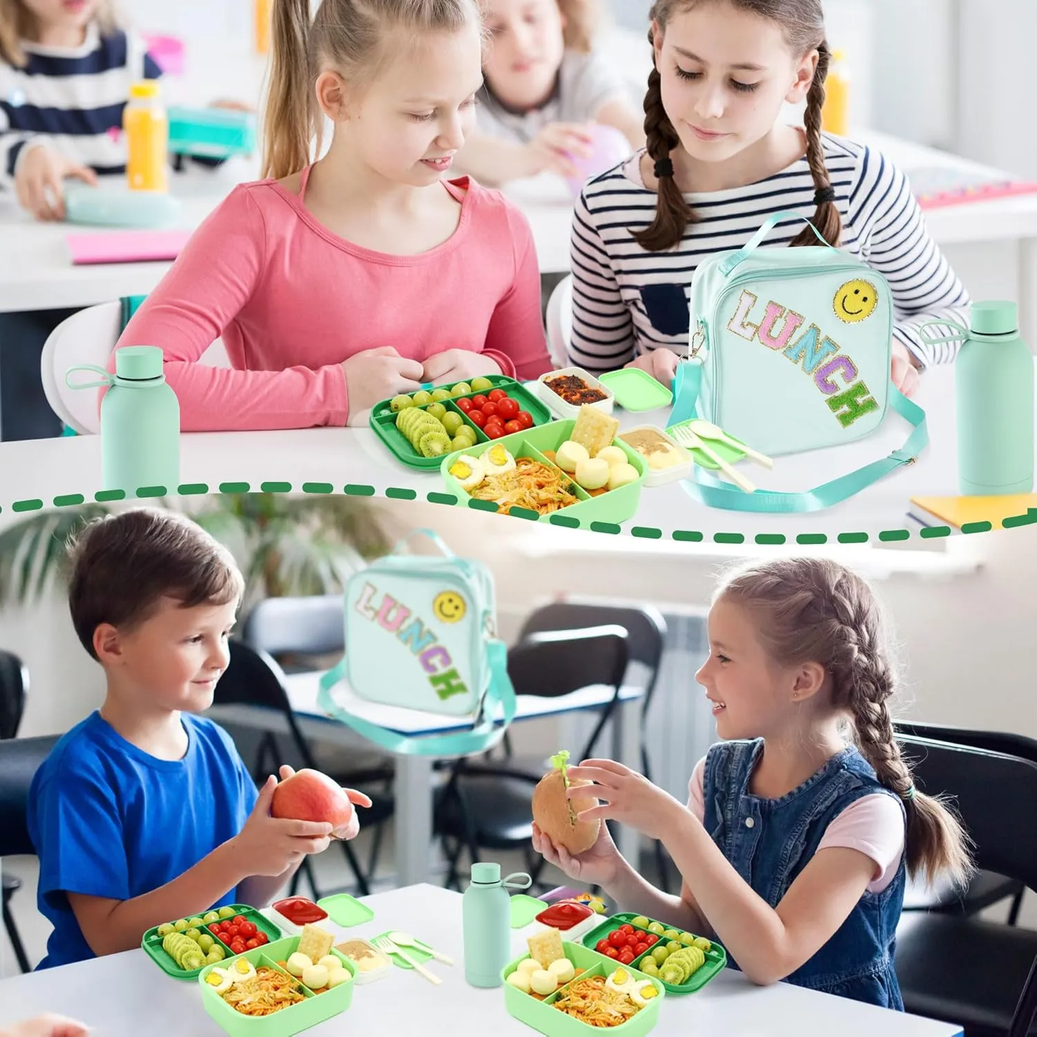 Bento Lunch Box Set for Kids - Green Nylon insulated Lunch Bag with 12oz Thermos, Leak-Proof Containers, Adjustable Strap, Birthday Gifts for Girls School Travel Picnic (Ages 3-15)