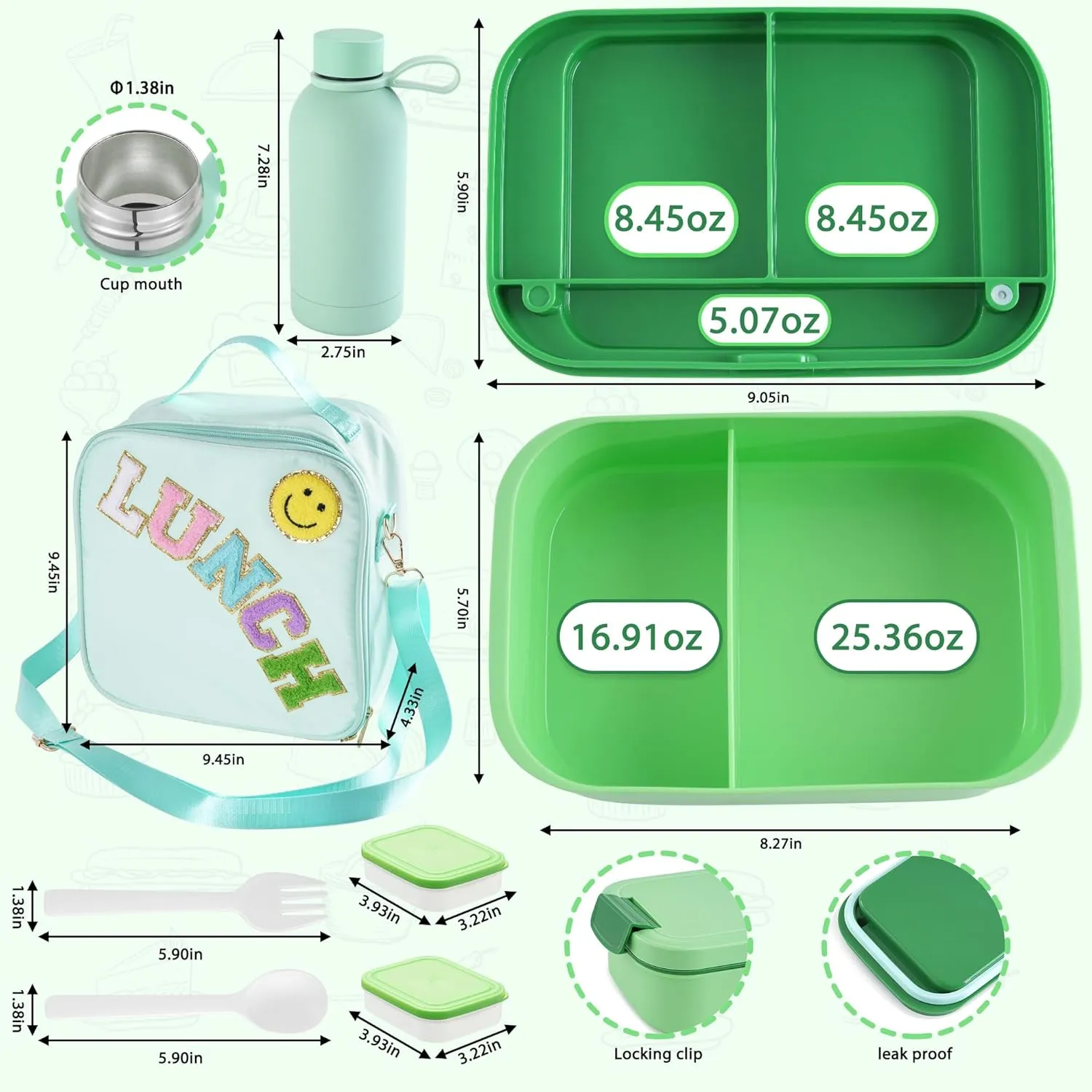 Bento Lunch Box Set for Kids - Green Nylon insulated Lunch Bag with 12oz Thermos, Leak-Proof Containers, Adjustable Strap, Birthday Gifts for Girls School Travel Picnic (Ages 3-15)