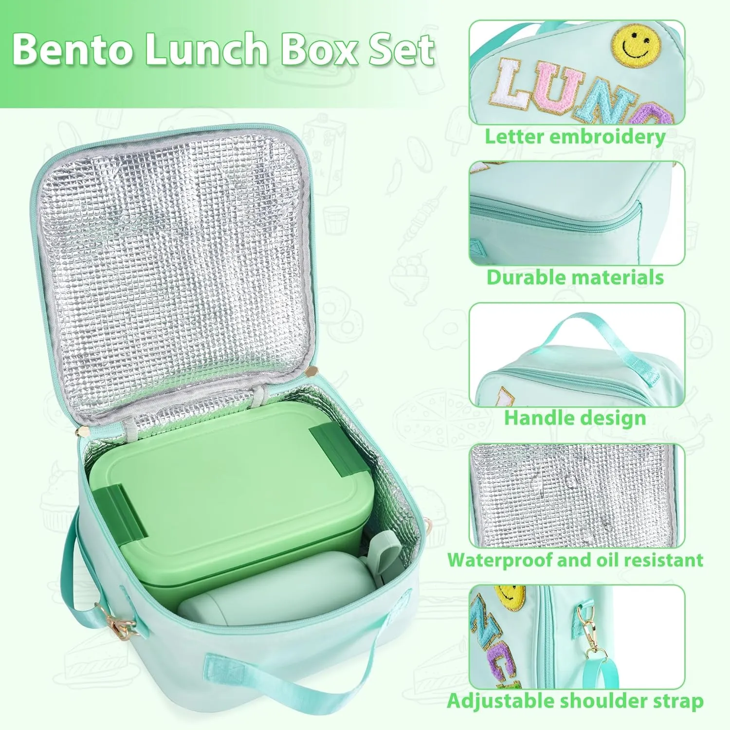 Bento Lunch Box Set for Kids - Green Nylon insulated Lunch Bag with 12oz Thermos, Leak-Proof Containers, Adjustable Strap, Birthday Gifts for Girls School Travel Picnic (Ages 3-15)