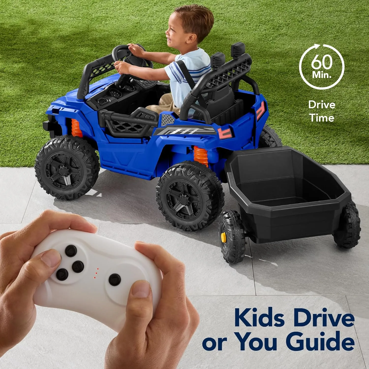 Best Choice Products Kids 12V Electric Ride On UTV Car and Trailer w/Parent Control, LED Lights, 2 Speeds, Bluetooth - Blue