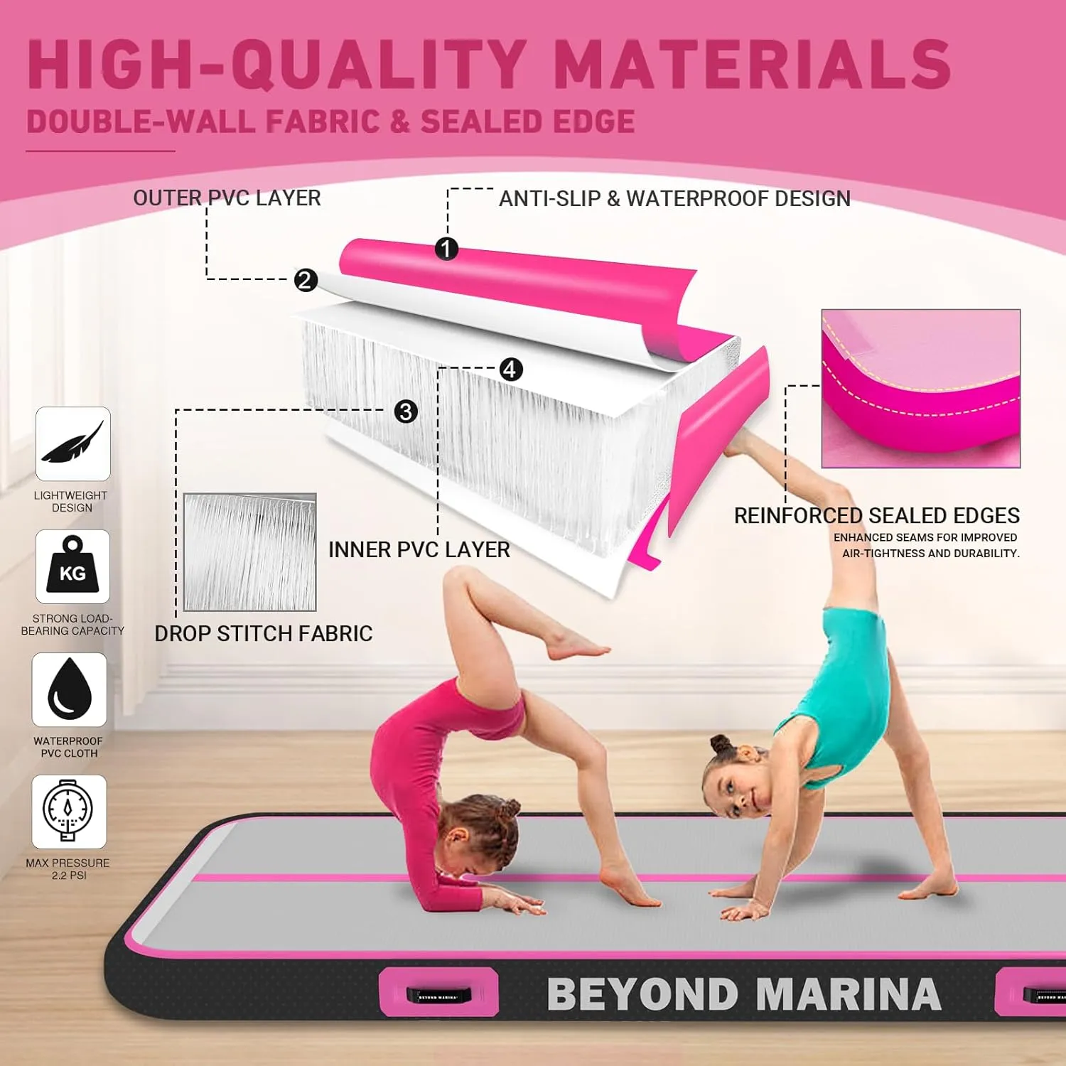 BEYOND MARINA Air Gymnastics Tumble Track 4/8 inches Thickness Inflatable Tumbling 10ft/13ft/16ft/20ft Air Mats for Home Use Training/Cheerleading/Yoga/Water with Electric Pump