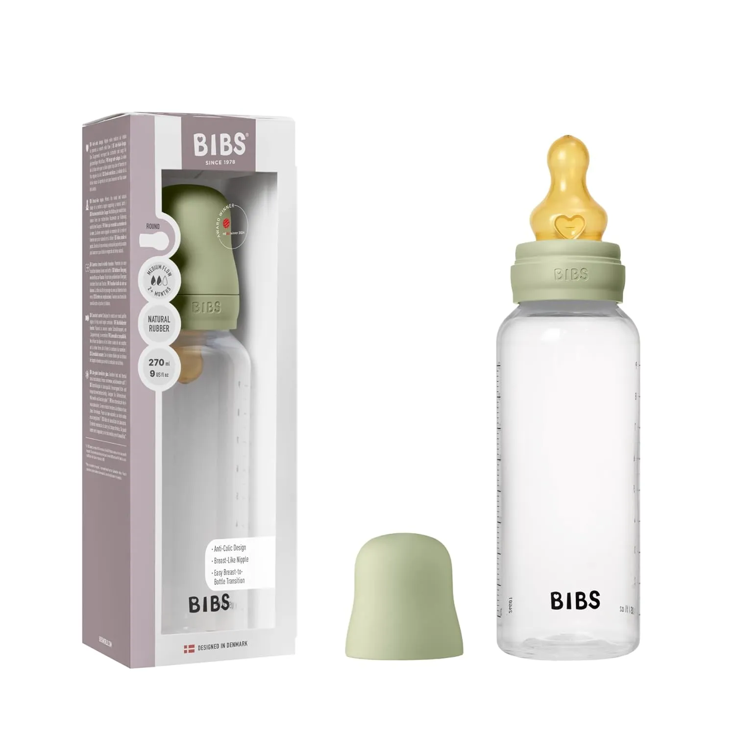 BIBS Baby Bottle 9 oz / 270 ml Natural Rubber Latex Nipple - Anti-Colic, BPA-Free, Round Nipple, Medium Flow, Lightweight & Easy to Clean, Suitable for Newborns 0  Years - Sage