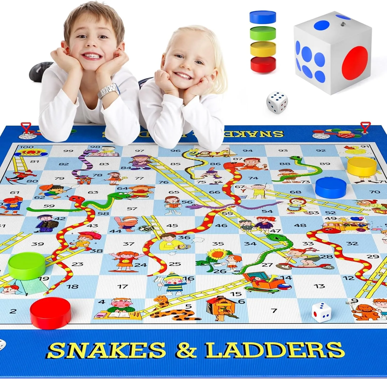 Big Snake and Ladder Board Game for Kids Adults - Indoor Outdoor Floor Game Set with 70" Playing Mat, Inflatable Dice, Pieces & Dice, Educational Toy Birthday Gift for Boys Girls Ages 3 and Up