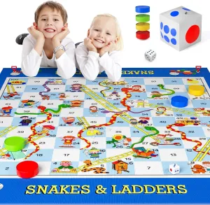 Big Snake and Ladder Board Game for Kids Adults - Indoor Outdoor Floor Game Set with 70" Playing Mat, Inflatable Dice, Pieces & Dice, Educational Toy Birthday Gift for Boys Girls Ages 3 and Up