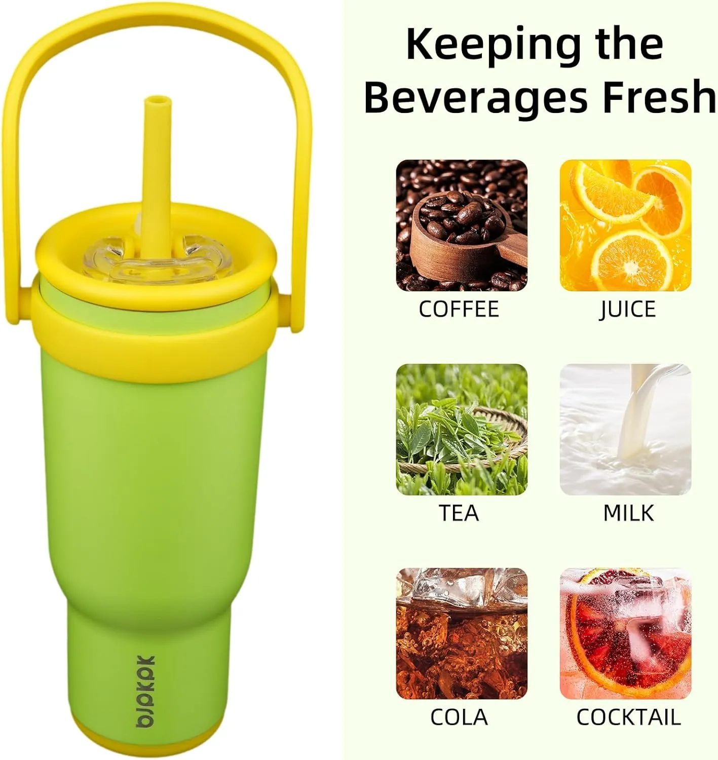 BJPKPK 40 OZ Insulated Travel Tumbler with Handle and Straw, Stainless Steel Water Bottle, Double Wall Vacuum Insulated Mug, for Work, Car, Travel, Green