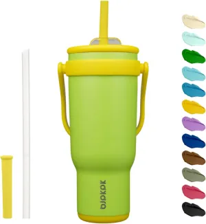 BJPKPK 40 OZ Insulated Travel Tumbler with Handle and Straw, Stainless Steel Water Bottle, Double Wall Vacuum Insulated Mug, for Work, Car, Travel, Green