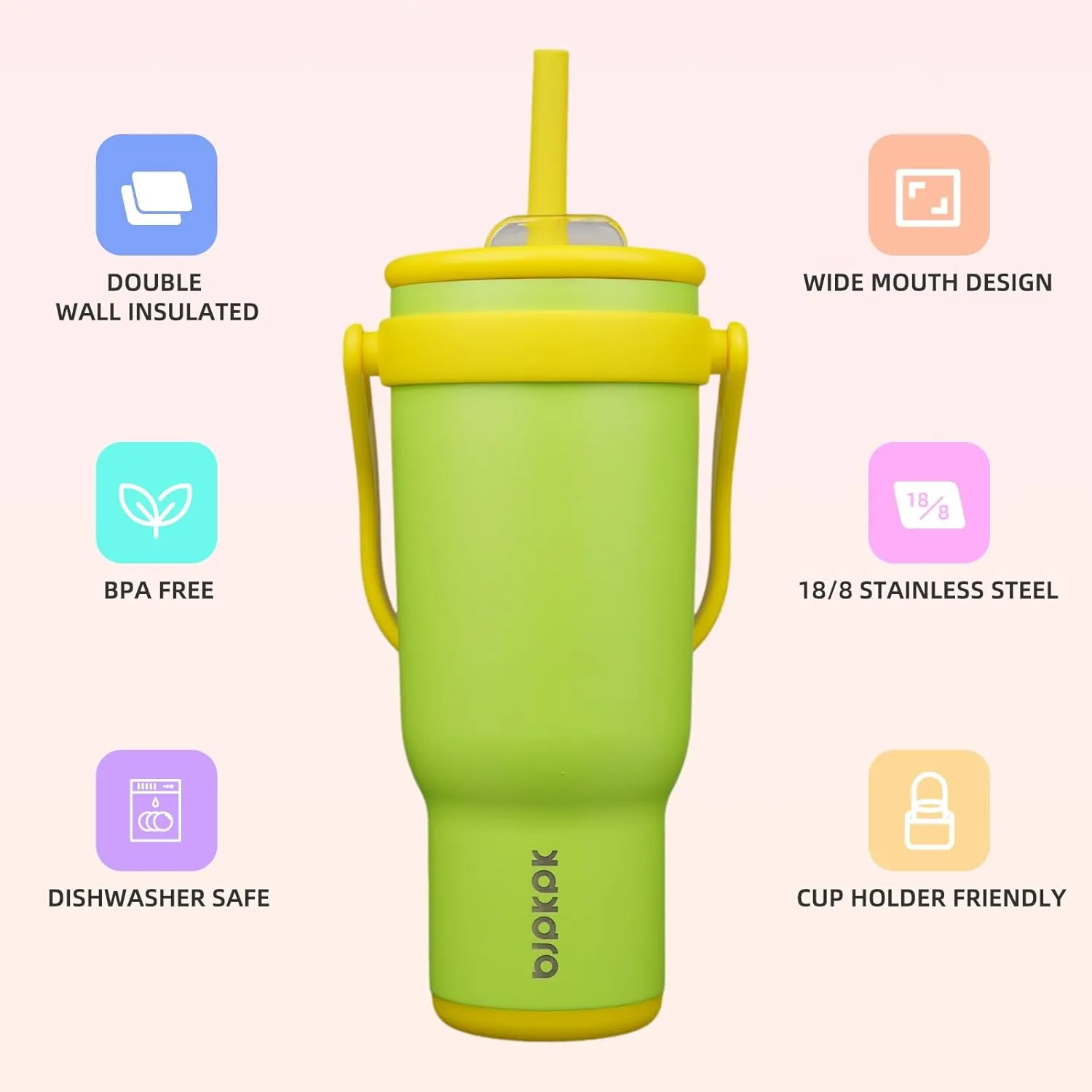 BJPKPK 40 OZ Insulated Travel Tumbler with Handle and Straw, Stainless Steel Water Bottle, Double Wall Vacuum Insulated Mug, for Work, Car, Travel, Green