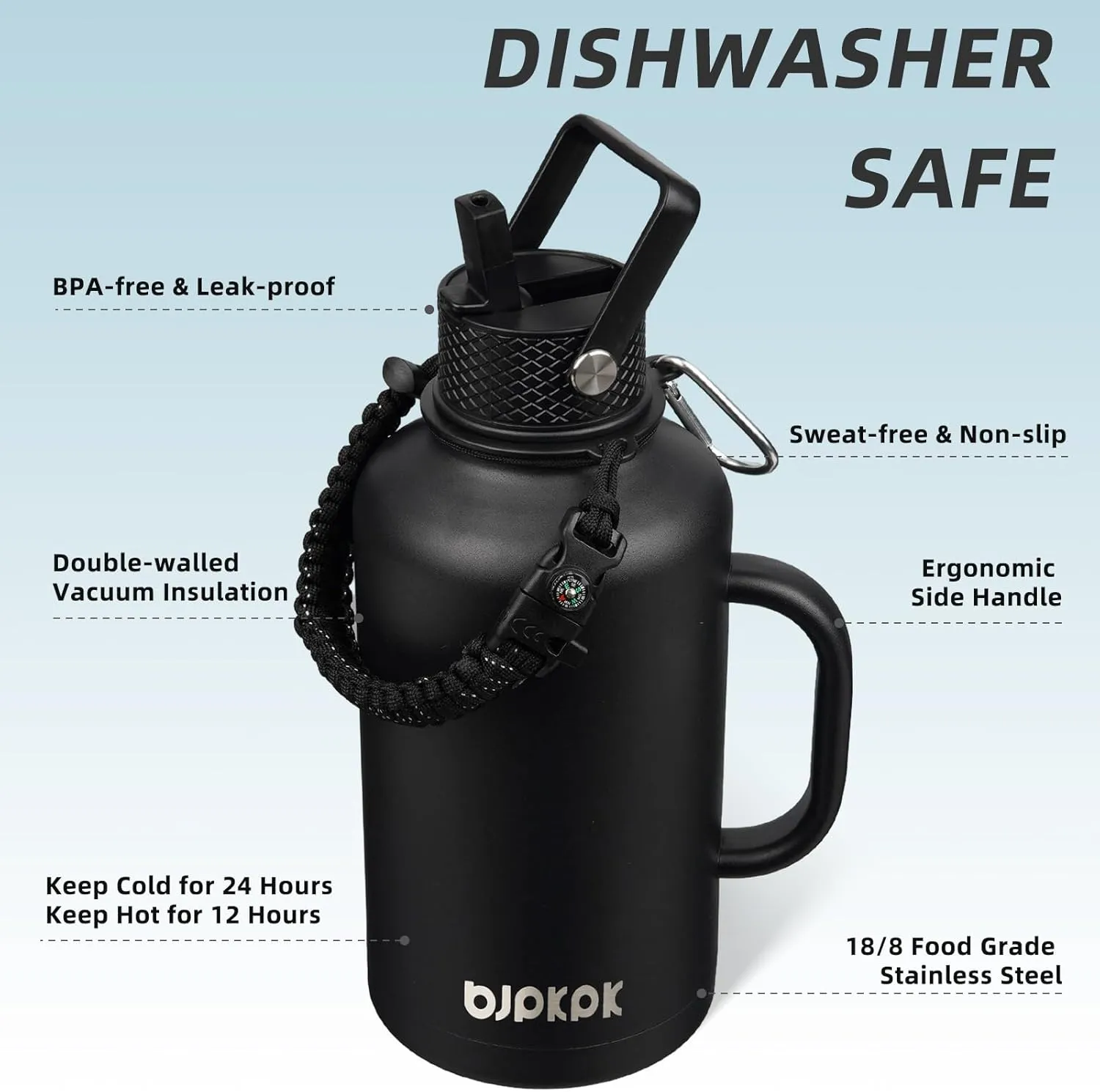 BJPKPK Half Gallon Insulated Water Bottles with Straw Lid & Side Handle, 50oz, 64oz, 87oz, 128oz Large, Stainless Steel Water Bottles with 3 Lids and Paracord Strap, Metal Water Jug,Black