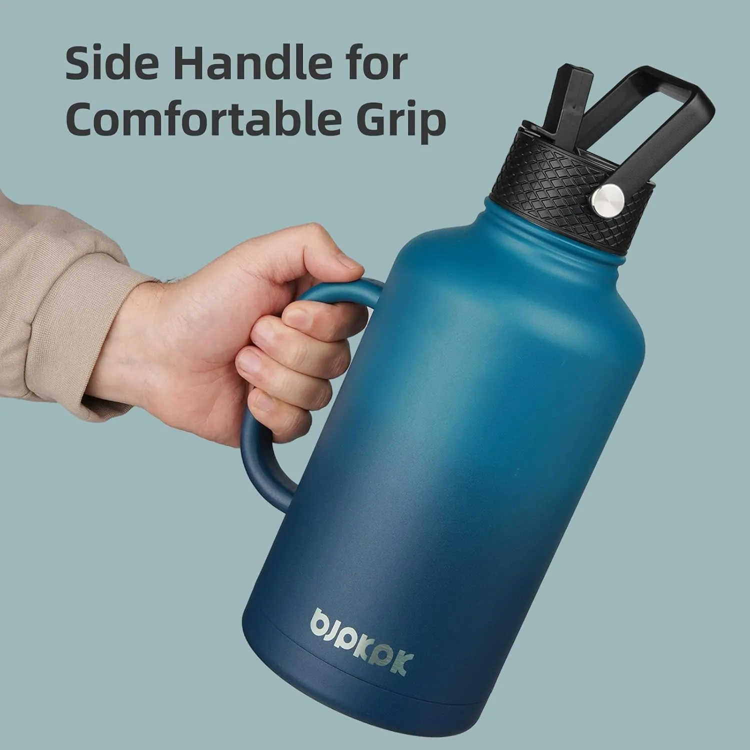 BJPKPK Half Gallon Insulated Water Bottles with Straw Lid & Side Handle, 50oz, 64oz, 87oz, 128oz Large, Stainless Steel Water Bottles with 3 Lids and Paracord Strap, Metal Water Jug,Black