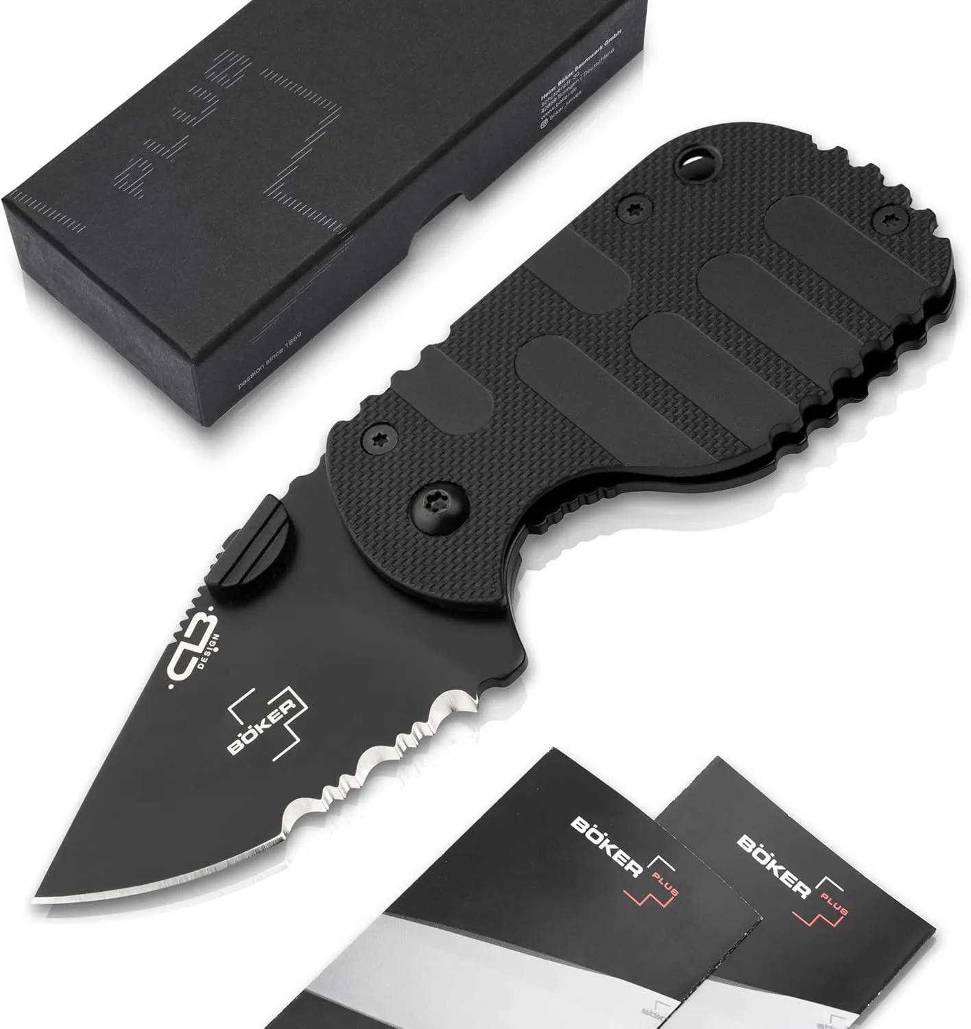 Böker PLUS® Subcom 2.0 All Black - Mini folding knife with Zytel handle - small package knife with framelock - Mini D2 pocket knife with thumb-pin box cutter with 22.8 inch blade