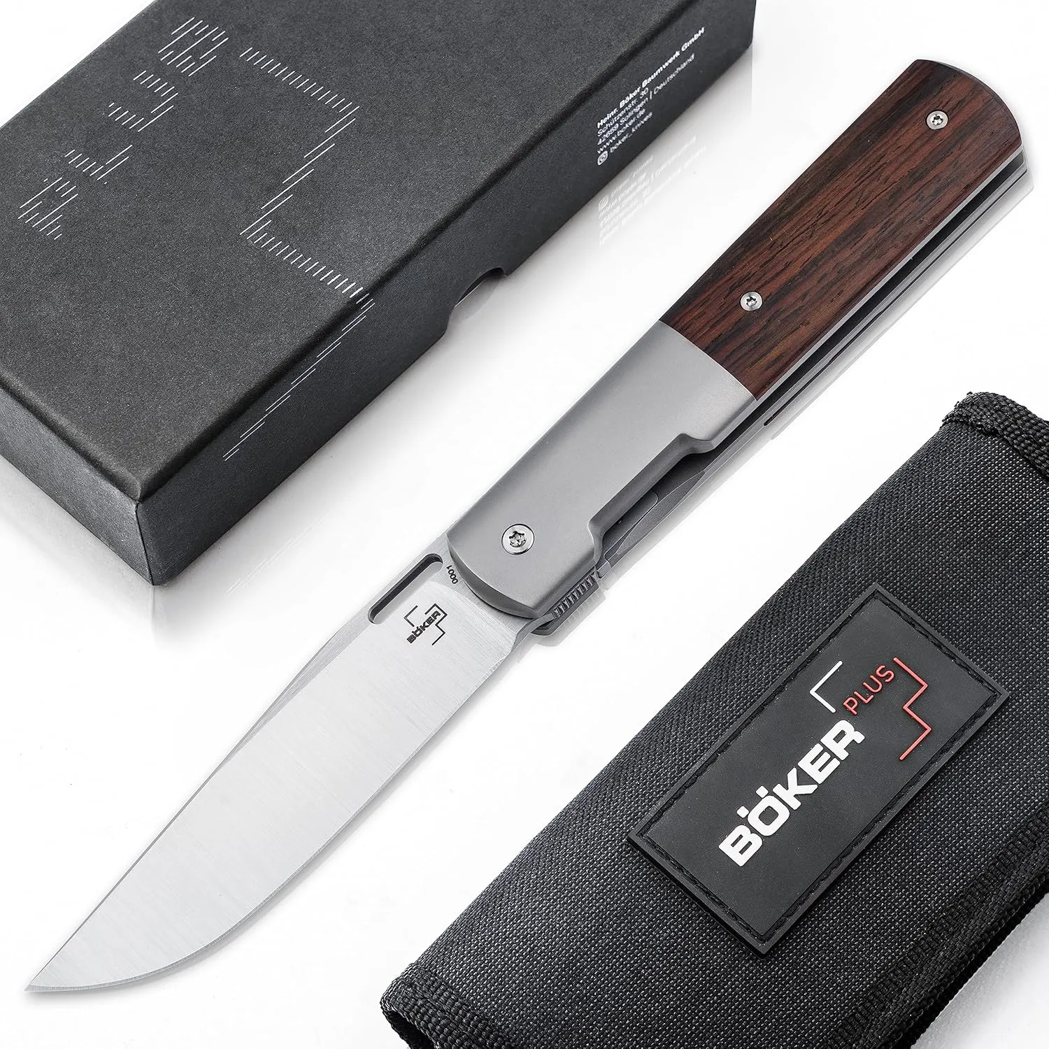 BÖKER PLUS® Urban Barlow Cocobolo pocket knife - modern Framelock folding knife with clip and wooden handle - Gentleman Knife with flipper blade made of M390 - small knife with sheath