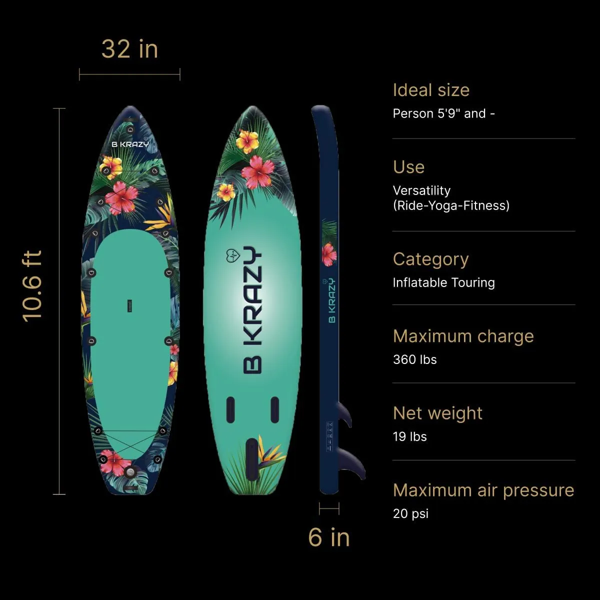 Bkrazy High-End Inflatable Stand Up Paddle Board - Complete Package with Accessories & Bag - Perfect for Lakes, River and Ocean - 10.6 ft Adult Board