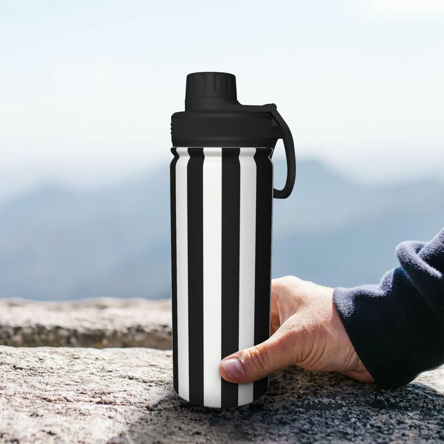 Black And-White Stripes 18oz Sports Insulated Bottle For Outdoor Activities,Your Ideal Companion Staying Hydrated