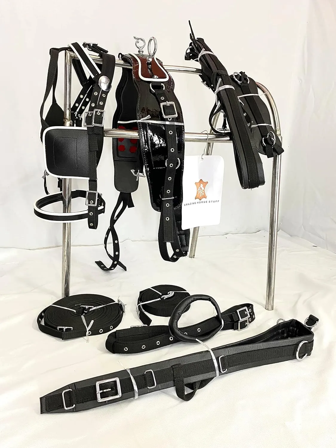 Black Patent Nylon Driving Harness for Single Horse Cart with White Piping/Trim (Full, Cob, Pony, Shetland & Mini)