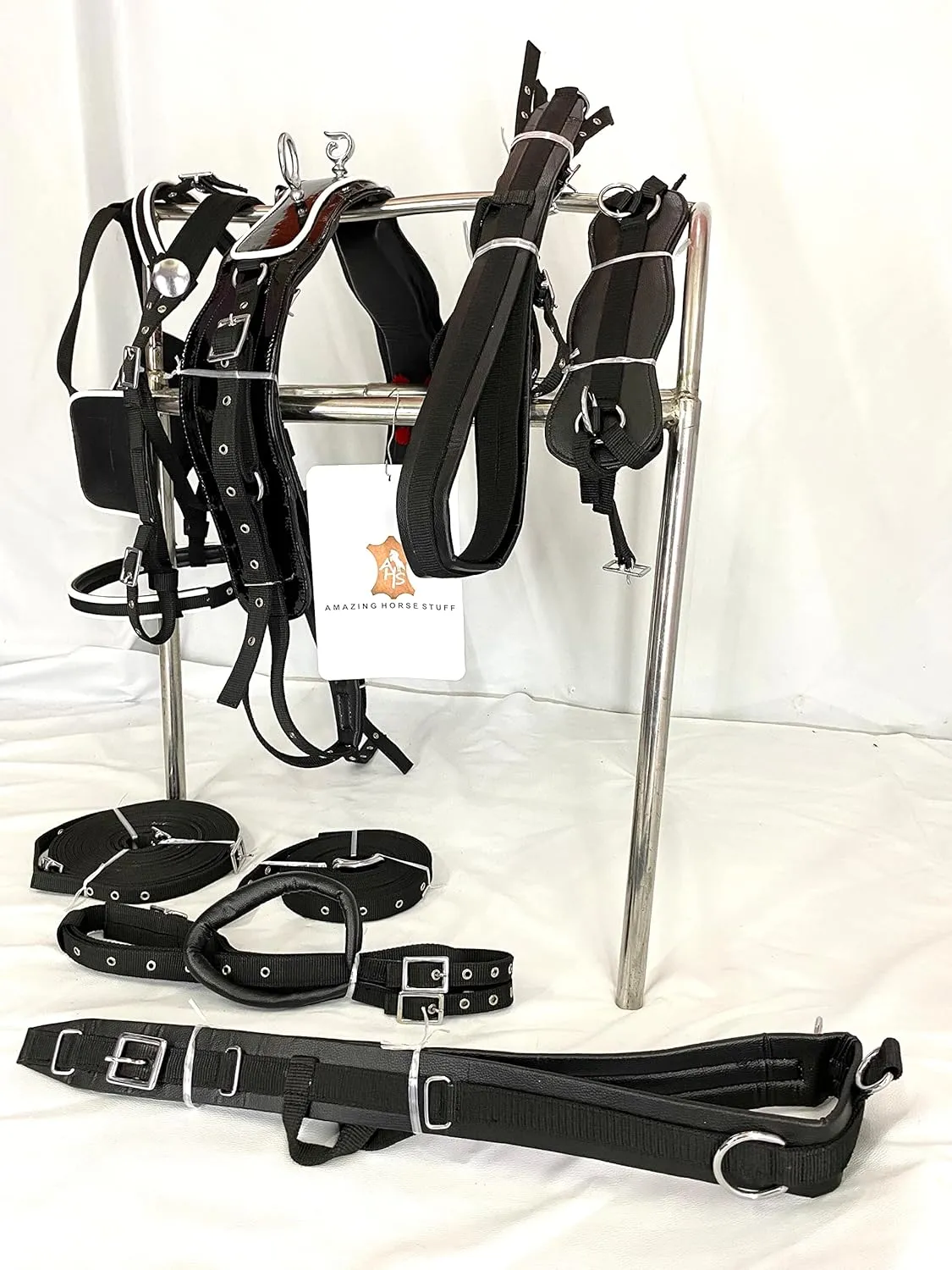 Black Patent Nylon Driving Harness for Single Horse Cart with White Piping/Trim (Full, Cob, Pony, Shetland & Mini)