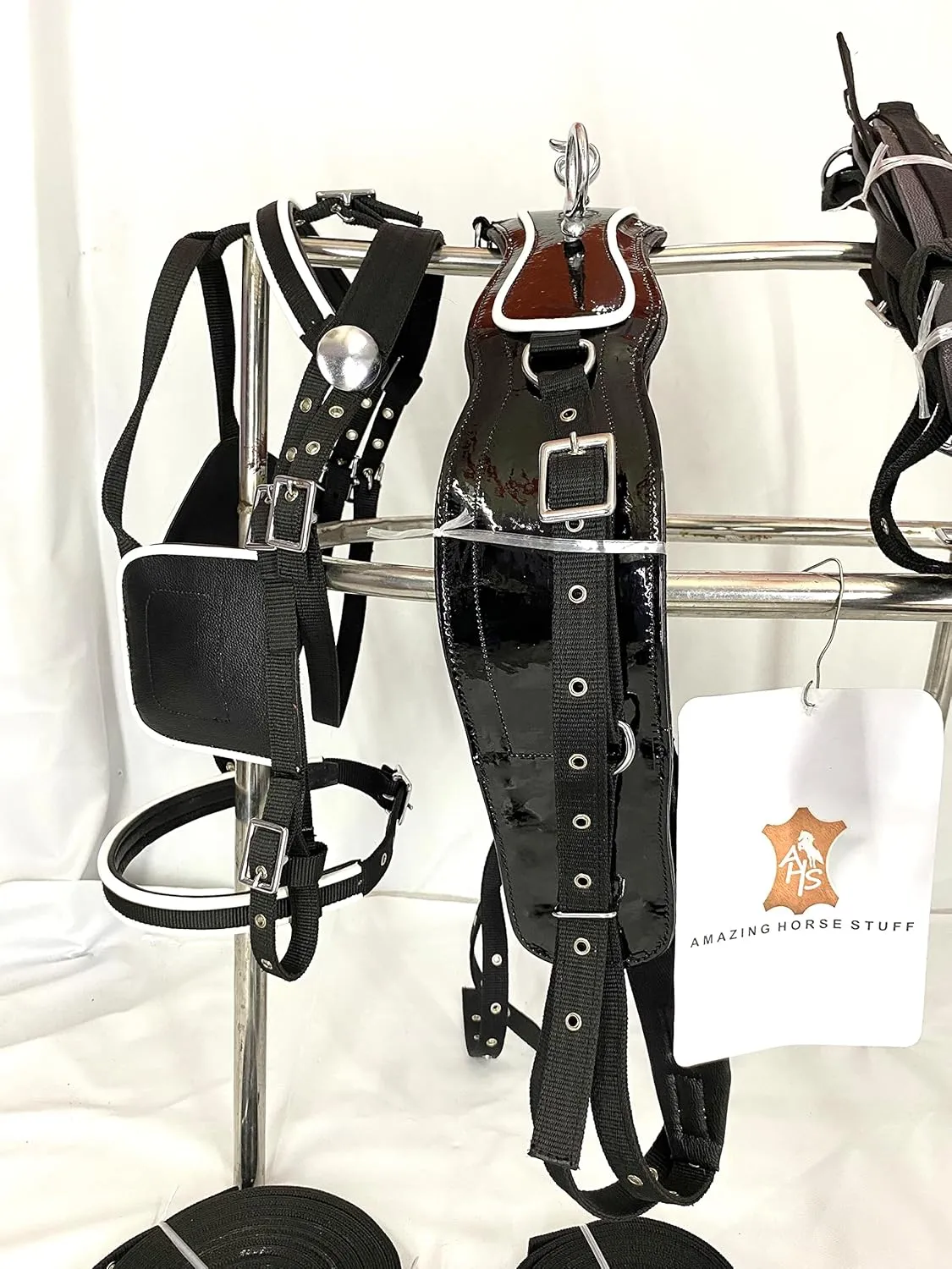 Black Patent Nylon Driving Harness for Single Horse Cart with White Piping/Trim (Full, Cob, Pony, Shetland & Mini)