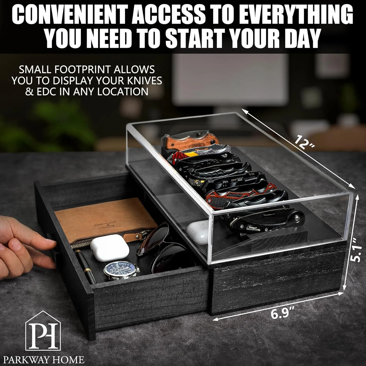 Black Pocket Knife Display Case with Sturdy Clear Cover - Wooden Knife Collection Case for 16 Knives - Two-Tier Knife Cases for Collections with a Removable Drawer Insert for Other EDC Items