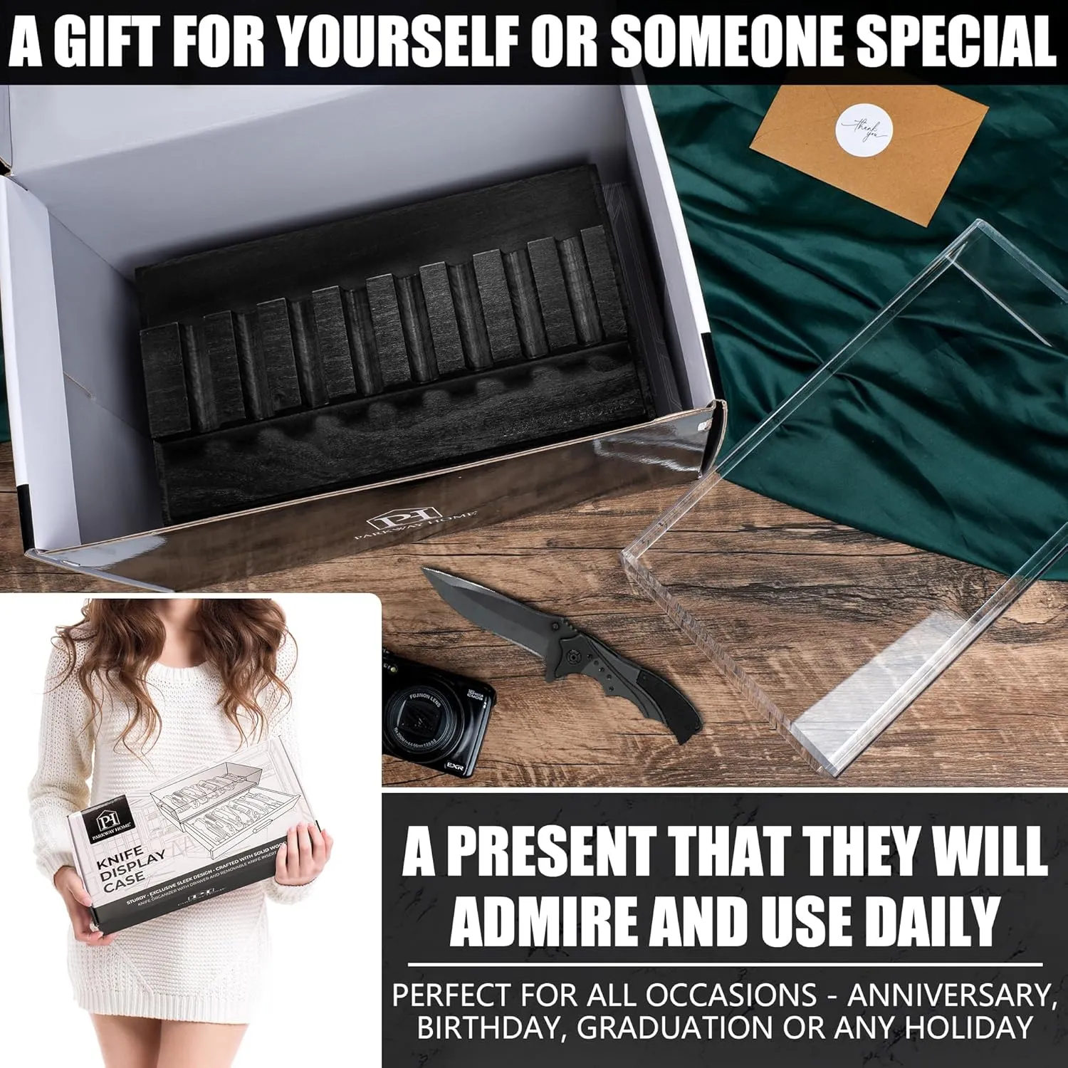 Black Pocket Knife Display Case with Sturdy Clear Cover - Wooden Knife Collection Case for 16 Knives - Two-Tier Knife Cases for Collections with a Removable Drawer Insert for Other EDC Items