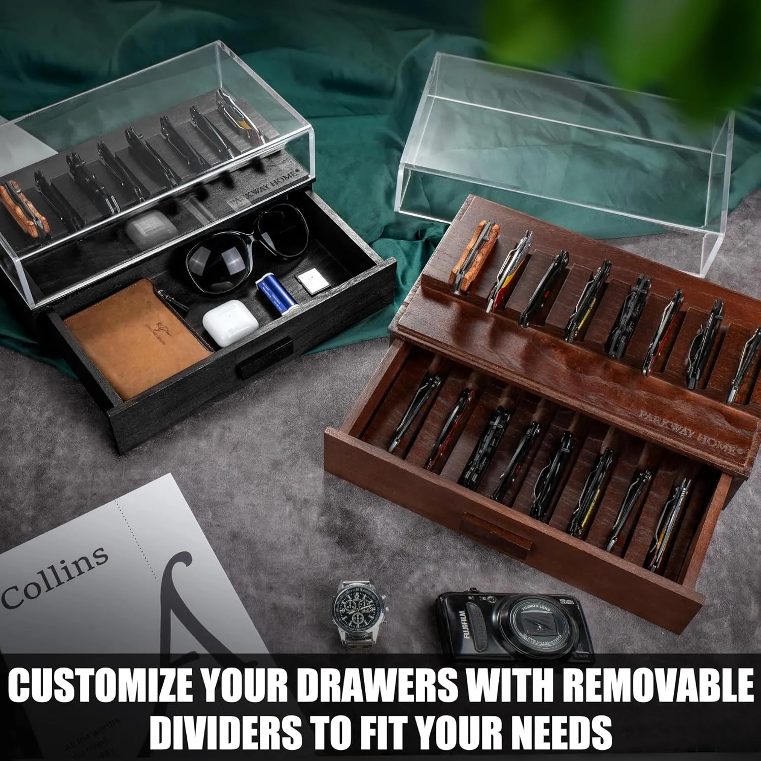 Black Pocket Knife Display Case with Sturdy Clear Cover - Wooden Knife Collection Case for 16 Knives - Two-Tier Knife Cases for Collections with a Removable Drawer Insert for Other EDC Items