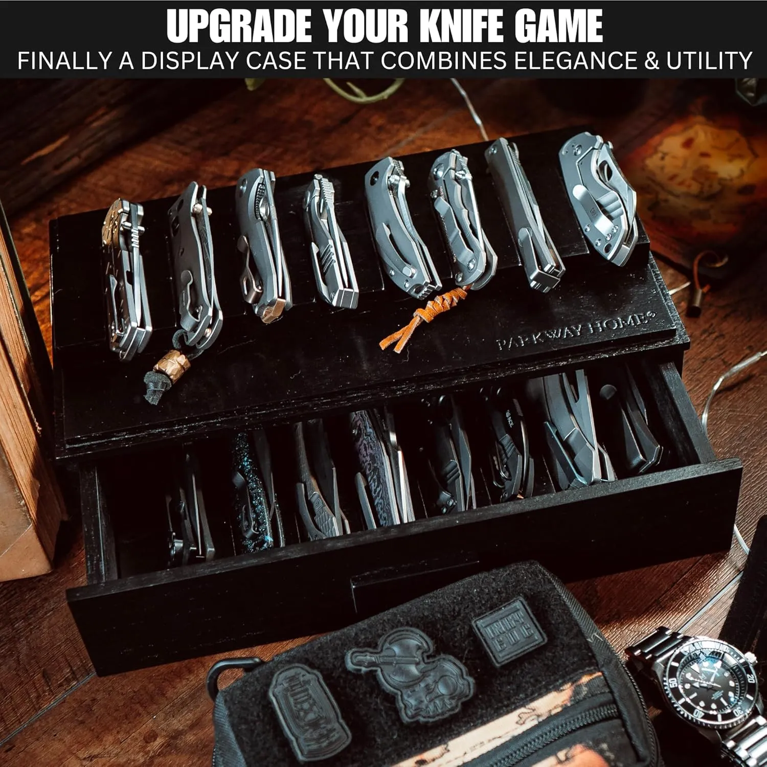 Black Pocket Knife Display Case with Sturdy Clear Cover - Wooden Knife Collection Case for 16 Knives - Two-Tier Knife Cases for Collections with a Removable Drawer Insert for Other EDC Items