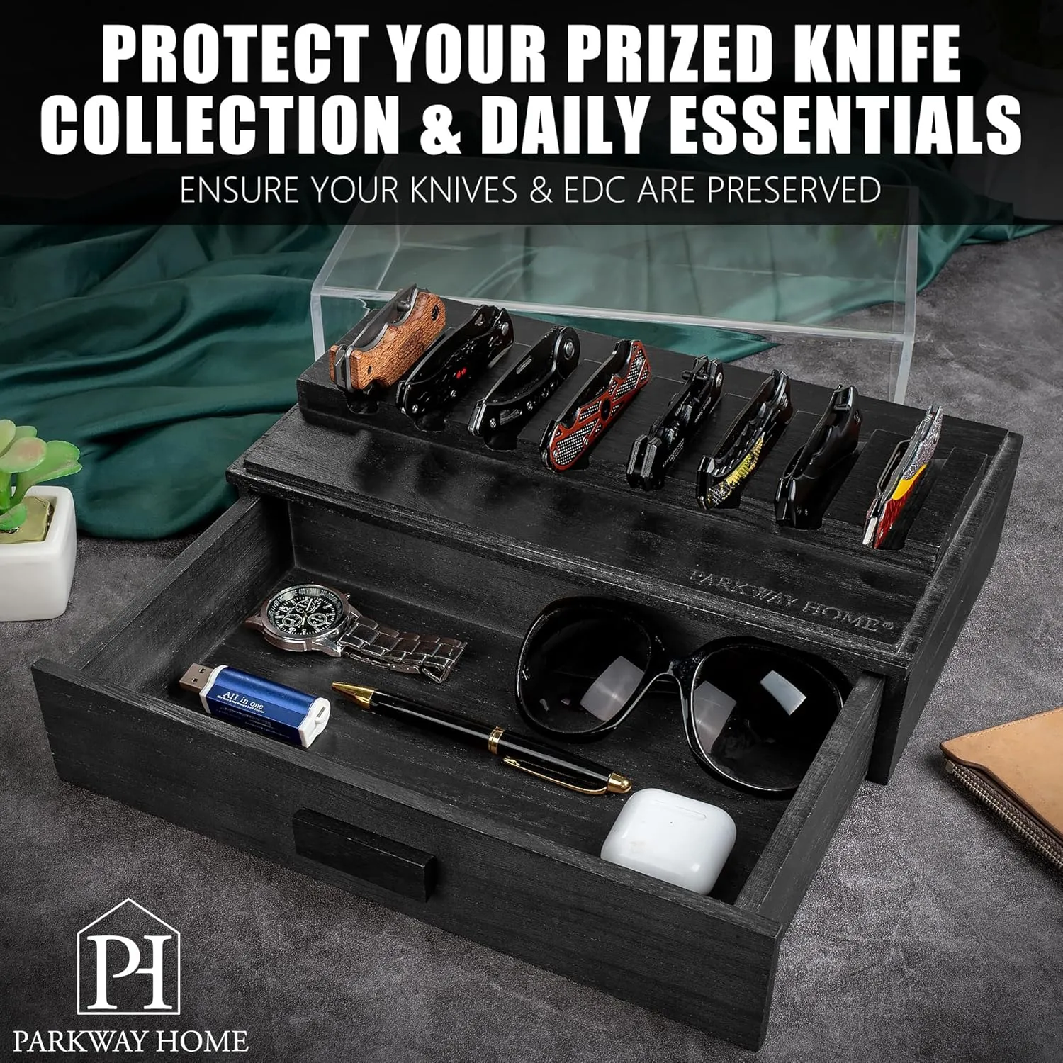 Black Pocket Knife Display Case with Sturdy Clear Cover - Wooden Knife Collection Case for 16 Knives - Two-Tier Knife Cases for Collections with a Removable Drawer Insert for Other EDC Items