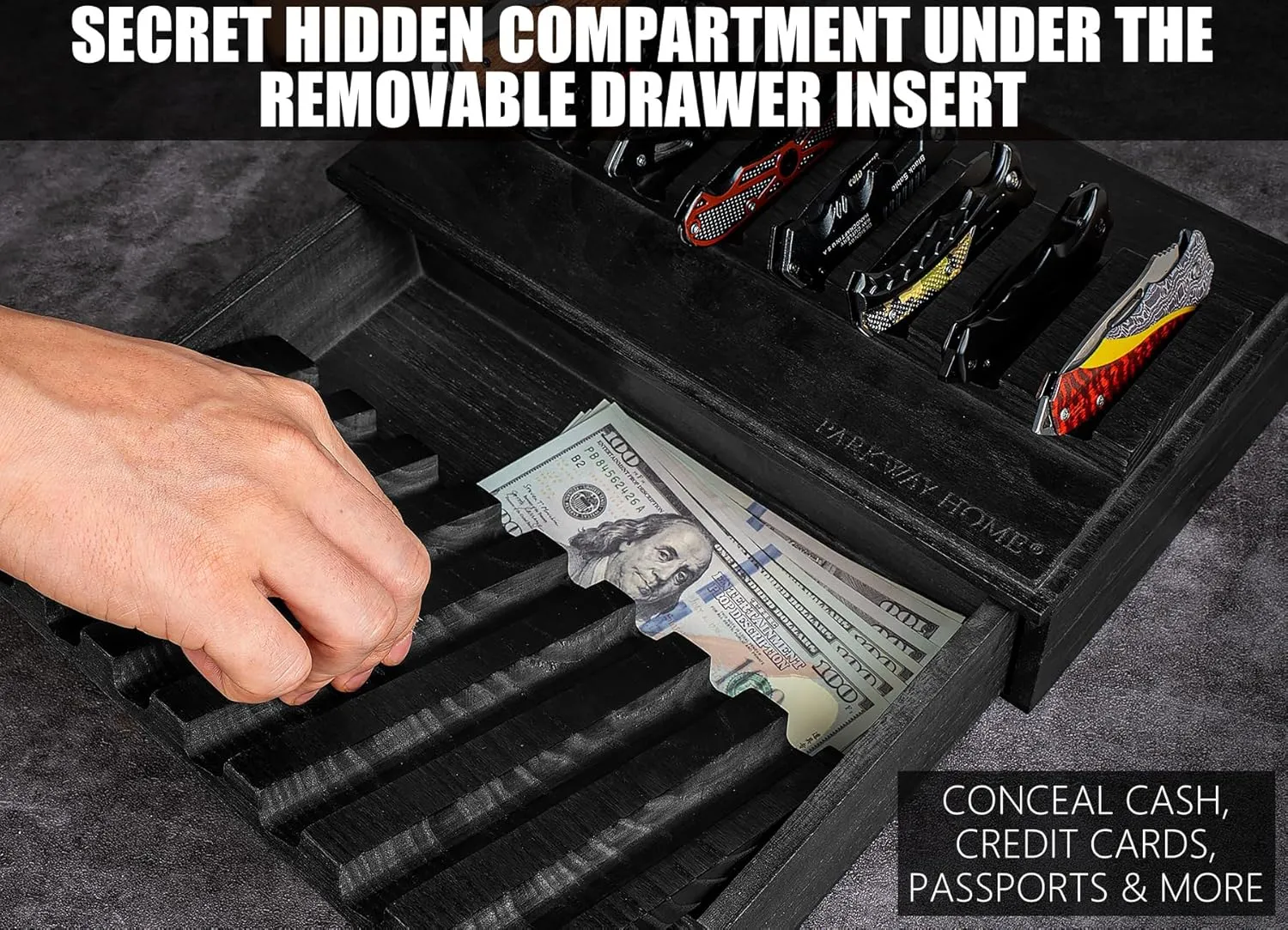 Black Pocket Knife Display Case with Sturdy Clear Cover - Wooden Knife Collection Case for 16 Knives - Two-Tier Knife Cases for Collections with a Removable Drawer Insert for Other EDC Items