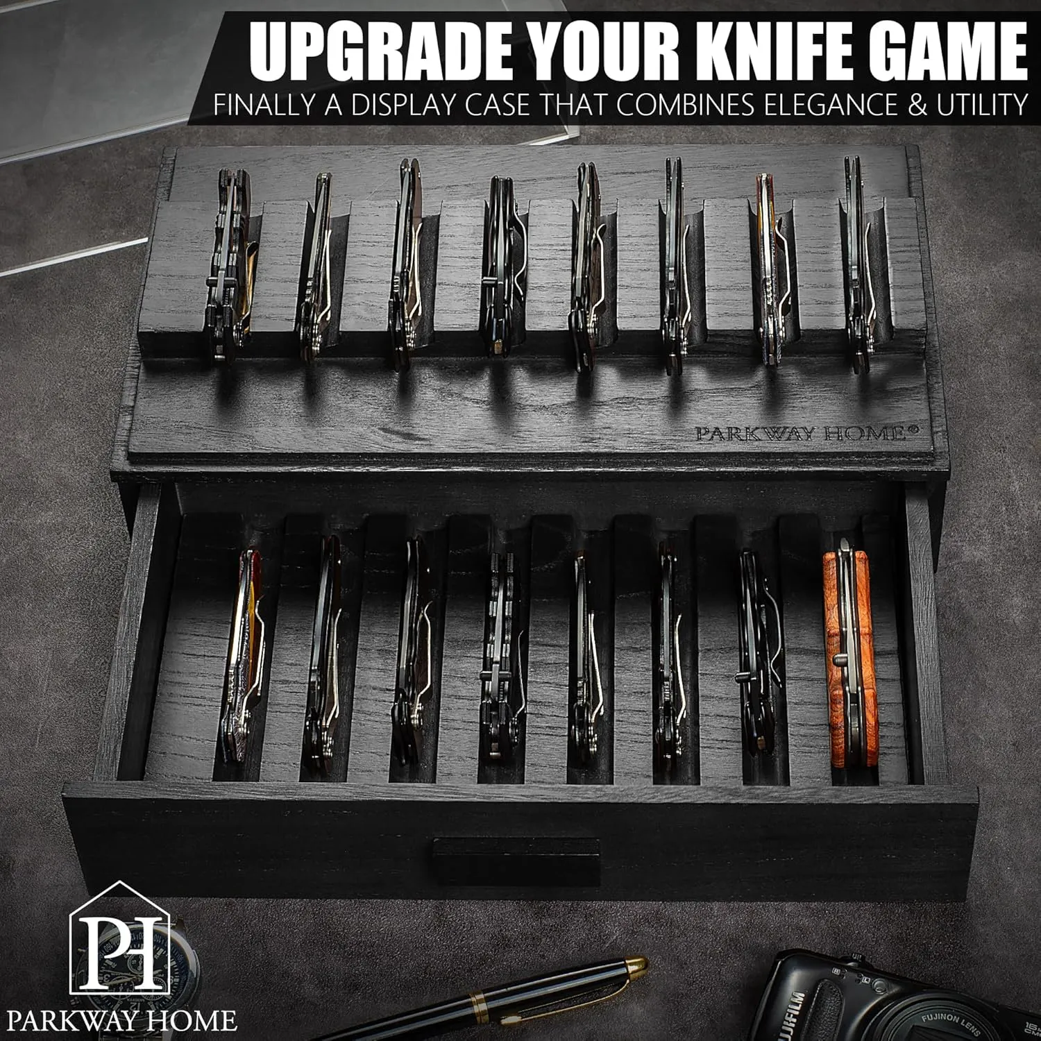 Black Pocket Knife Display Case with Sturdy Clear Cover - Wooden Knife Collection Case for 16 Knives - Two-Tier Knife Cases for Collections with a Removable Drawer Insert for Other EDC Items