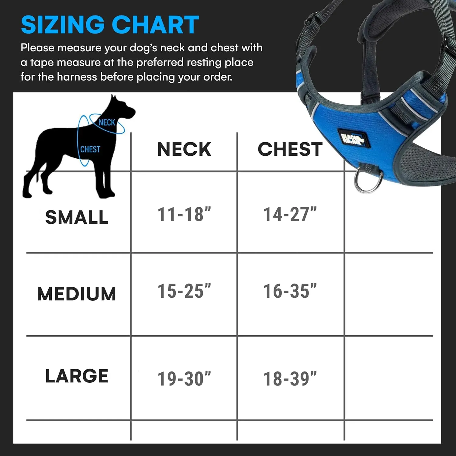 Black Rhino - The Comfort Dog Harness with Mesh Padded Vest for Small - Large Breeds | Adjustable | Reflective | 2 Leash Attachments on Chest & Back - Neoprene Padded Training Handle (Large, Blue/Gr)