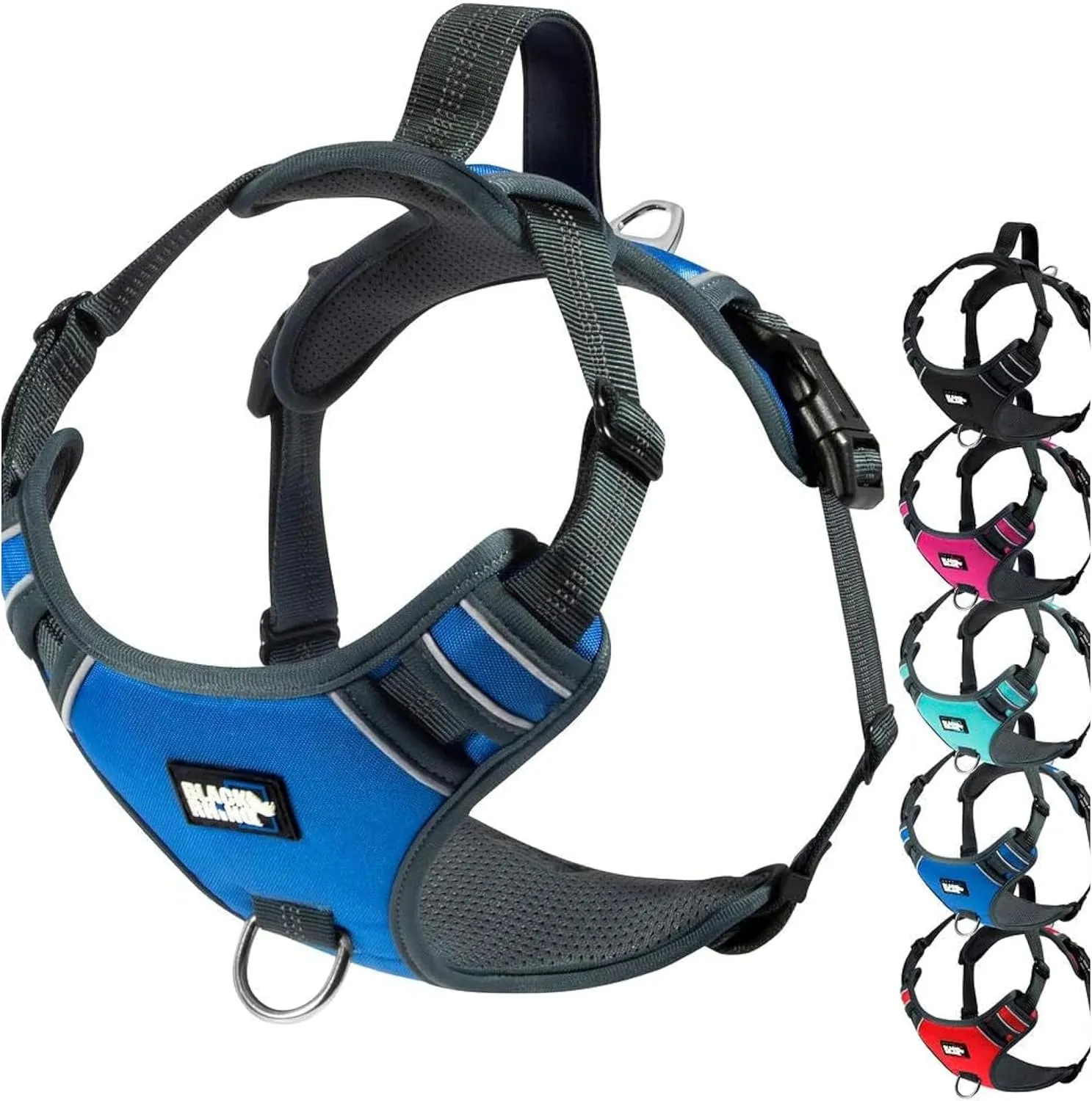 Black Rhino - The Comfort Dog Harness with Mesh Padded Vest for Small - Large Breeds | Adjustable | Reflective | 2 Leash Attachments on Chest & Back - Neoprene Padded Training Handle (Large, Blue/Gr)