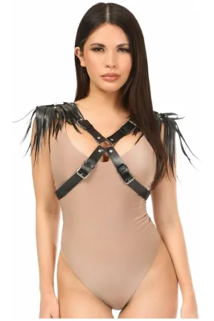 Black Vegan Leather Body Harness w/Shoulder Fringe