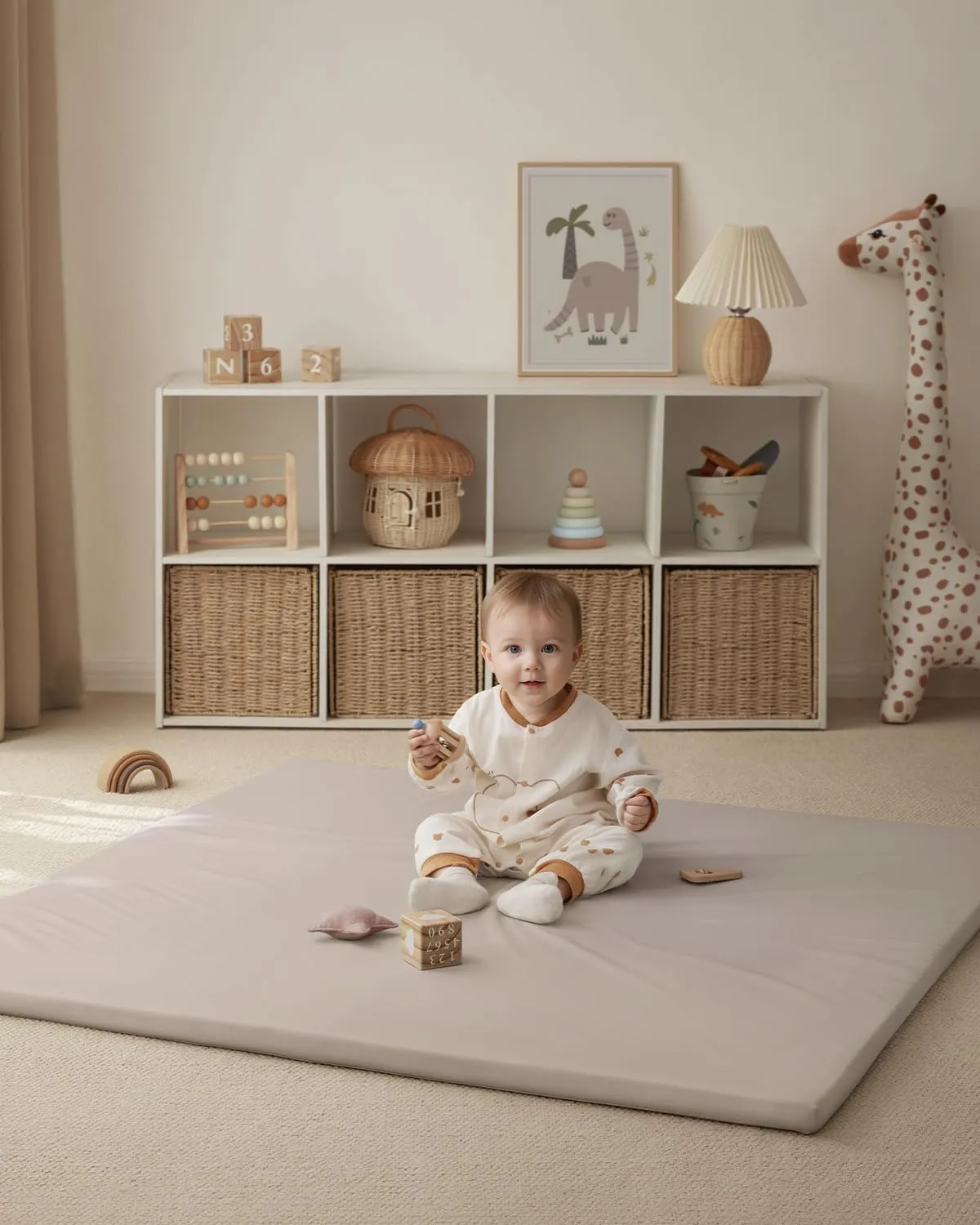 Blissful Diary Vegan Leather Baby Play Mat, 50x50 Thicken Foam Cushioned & Waterproof Playpen Mat for Infants and Toddlers, Stylish and Just Wipe-Clean Playmat for Baby Play on Floor, Brown Gray