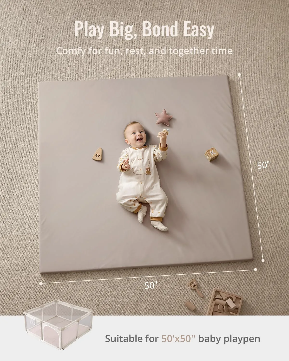 Blissful Diary Vegan Leather Baby Play Mat, 50x50 Thicken Foam Cushioned & Waterproof Playpen Mat for Infants and Toddlers, Stylish and Just Wipe-Clean Playmat for Baby Play on Floor, Brown Gray