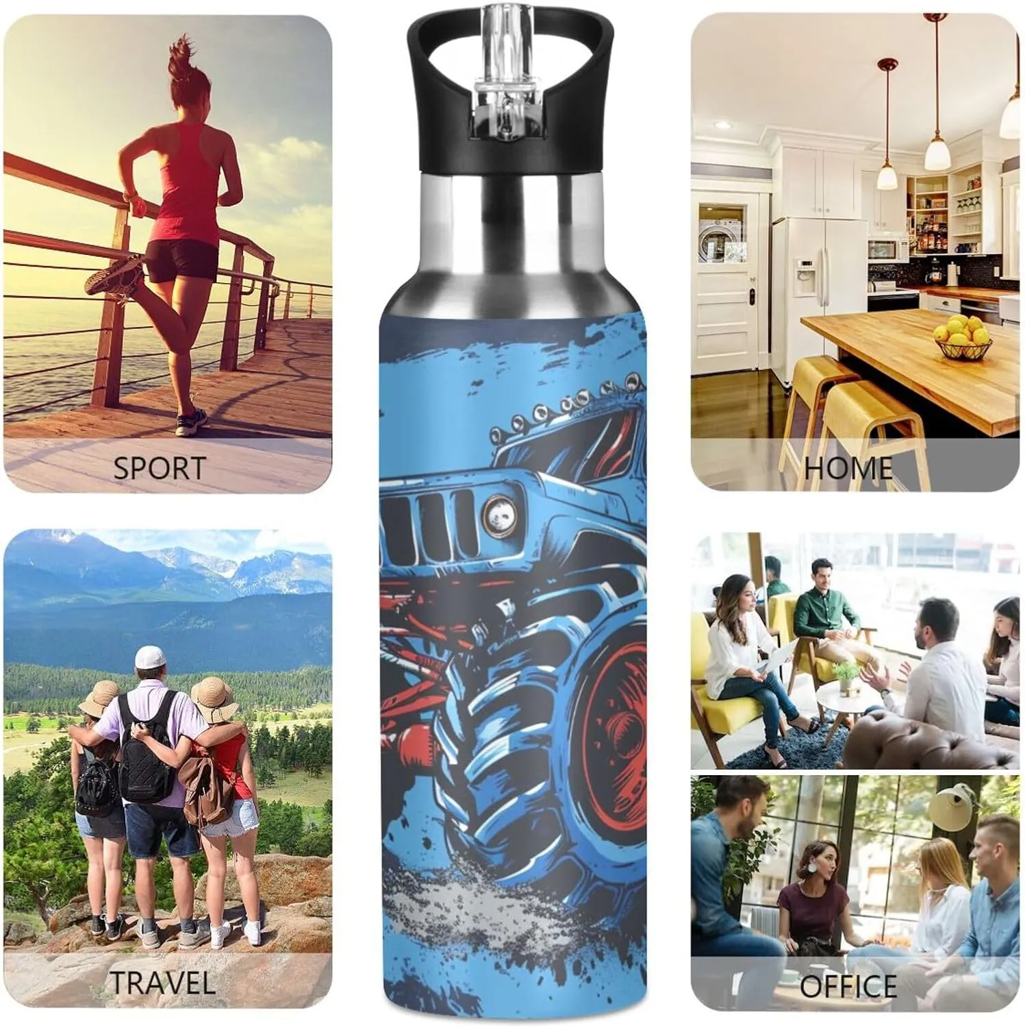 Blue Monster Truck Water Bottle Kids Boys Girls Insulated Stainless Steel Hot Cold Water Flask with Straw Lid for Sports Gym Running 20 oz
