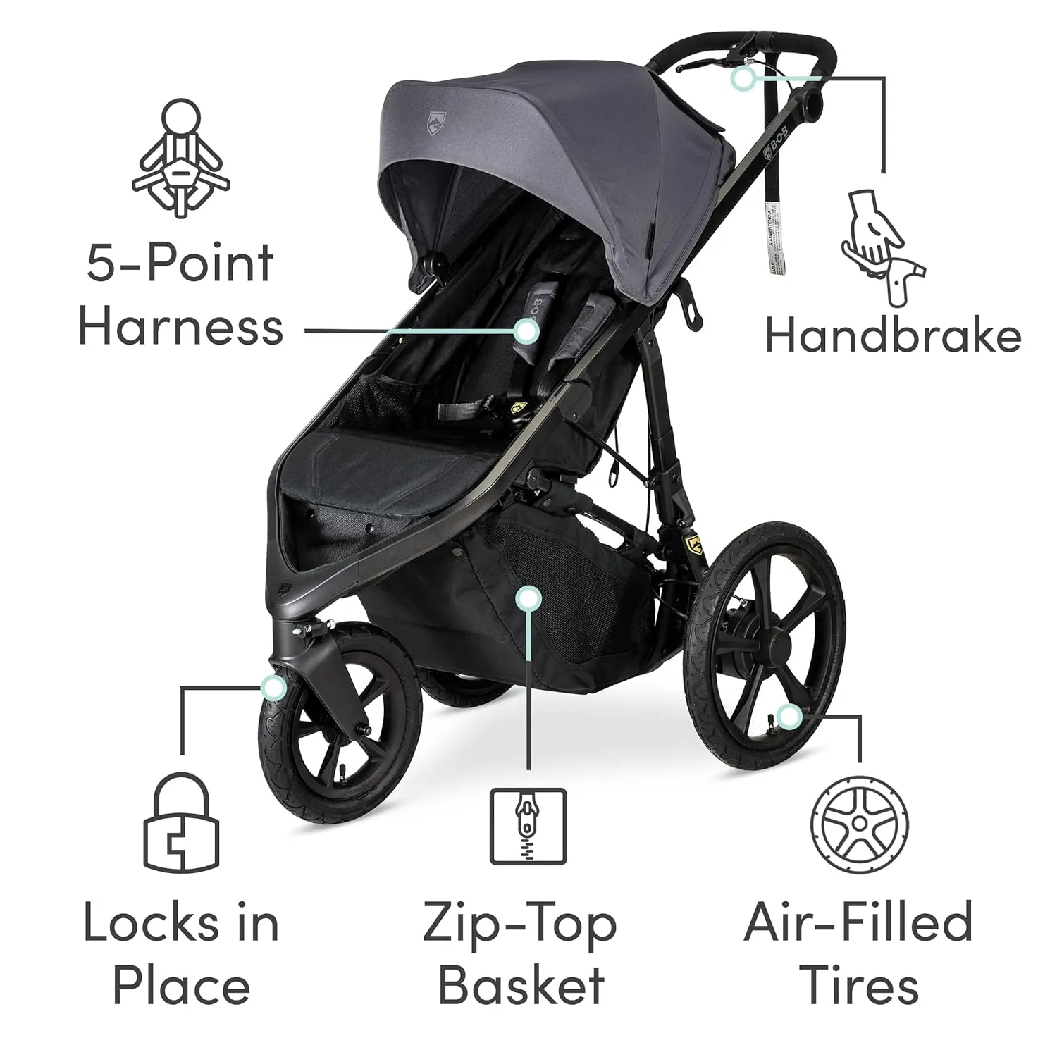 BOB Gear Wayfinder Jogging Stroller with Independent Dual Suspension, Air-Filled Tires, and 75-Pound Weight Capacity, Storm