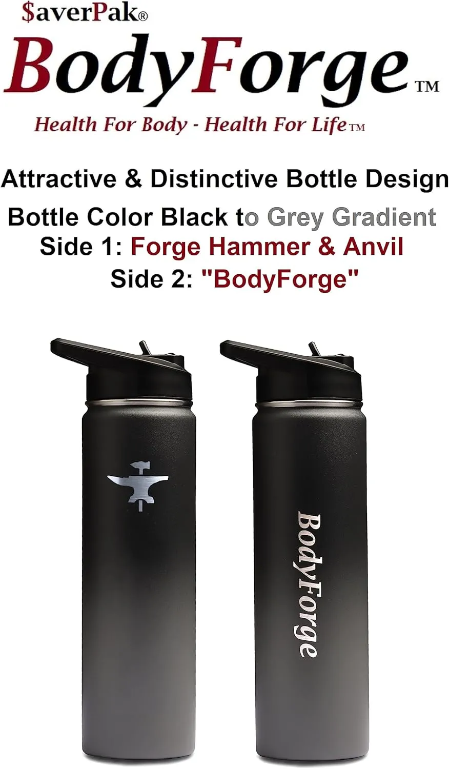 BodyForge Sports Water Bottle - 22oz, 3 Lids & Straw Lid, Leak Proof Stainless Steel Gym & Sport Bottles for Men, Women & Kids - Double Walled, Insulated Thermos, Metal Canteen