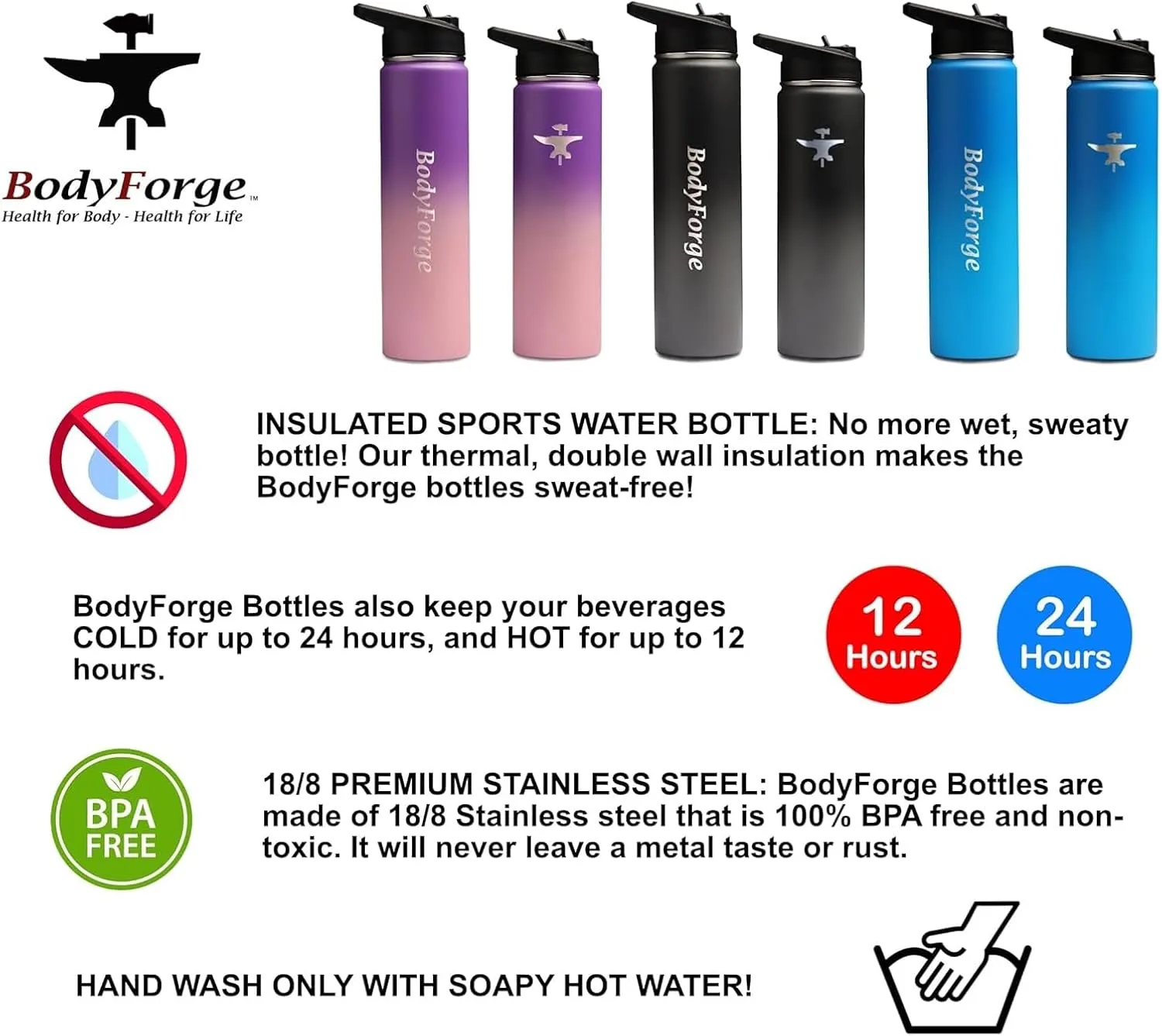 BodyForge Sports Water Bottle - 22oz, 3 Lids & Straw Lid, Leak Proof Stainless Steel Gym & Sport Bottles for Men, Women & Kids - Double Walled, Insulated Thermos, Metal Canteen