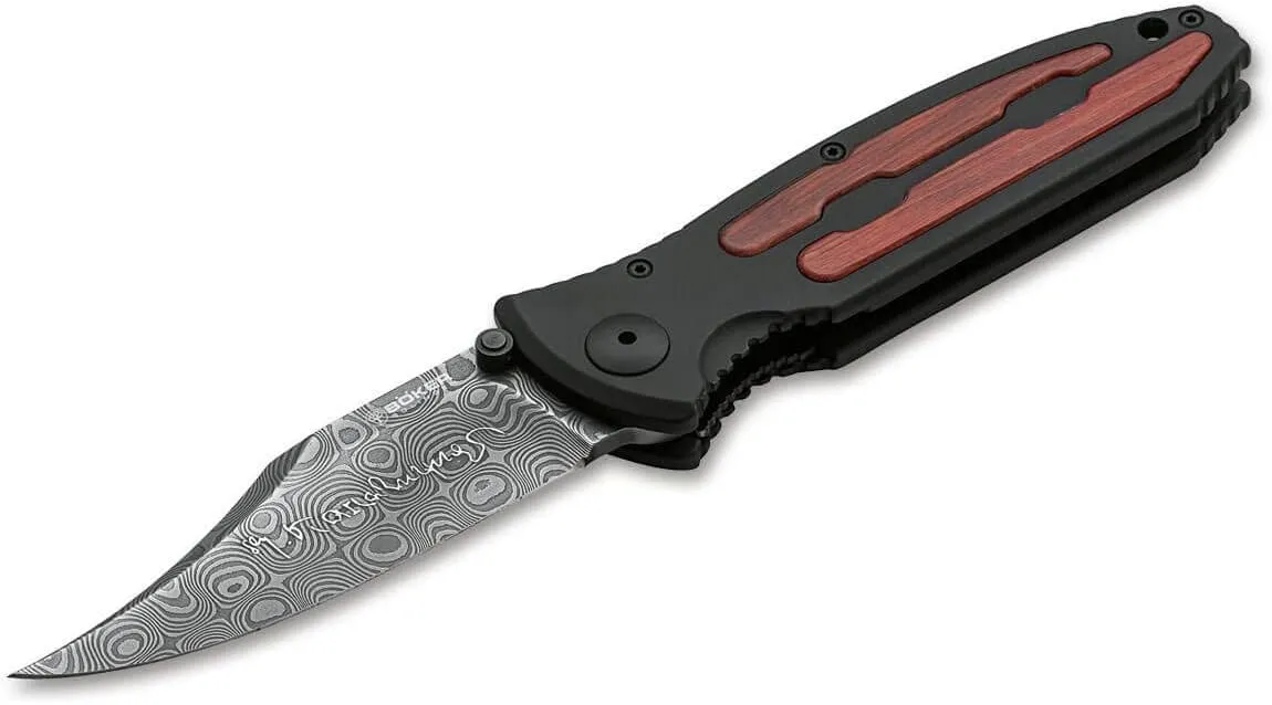 Boker Manufaktur Solingen Kalashnikov Bayonet Damascus Pocket Knife - CNC Milled Aluminum Scales With Local Hornbeam Wood Inserts