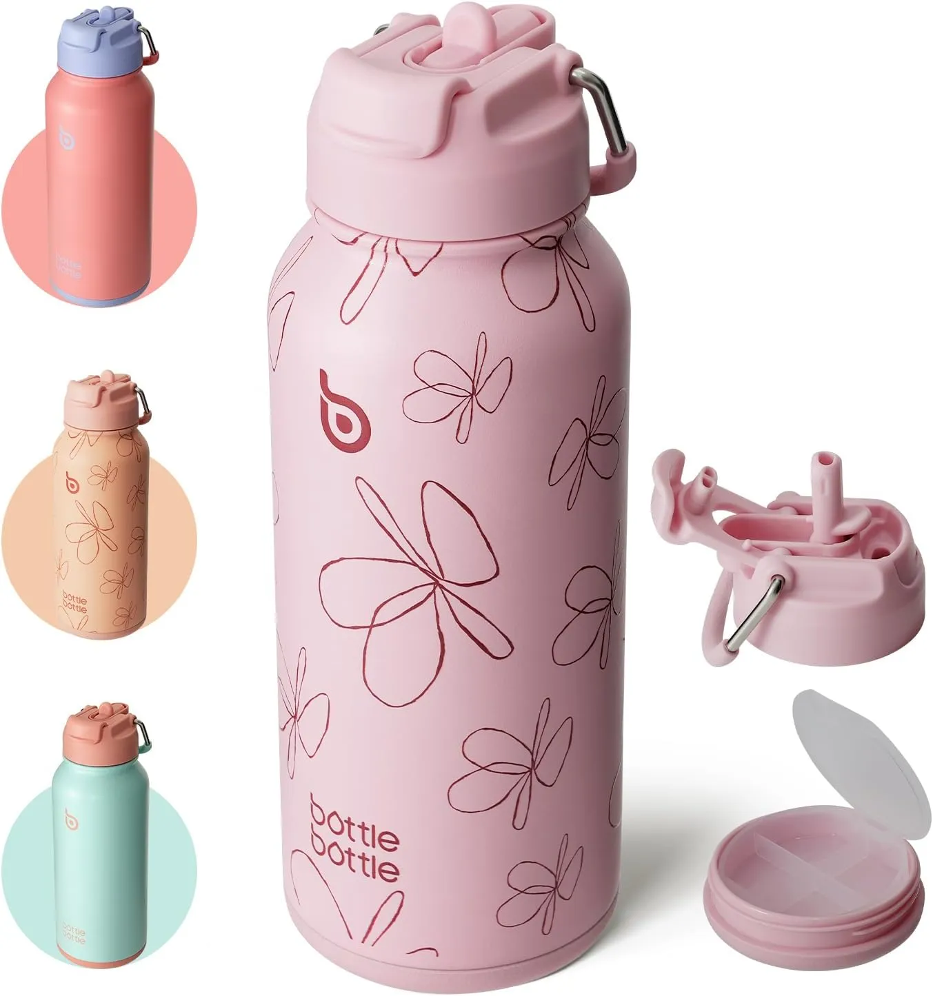 BOTTLE BOTTLE 32oz Insulated Water Bottle Stainless Steel Sport Water Bottle with Straw Dual-use Lid Design for Gym with Pill Box