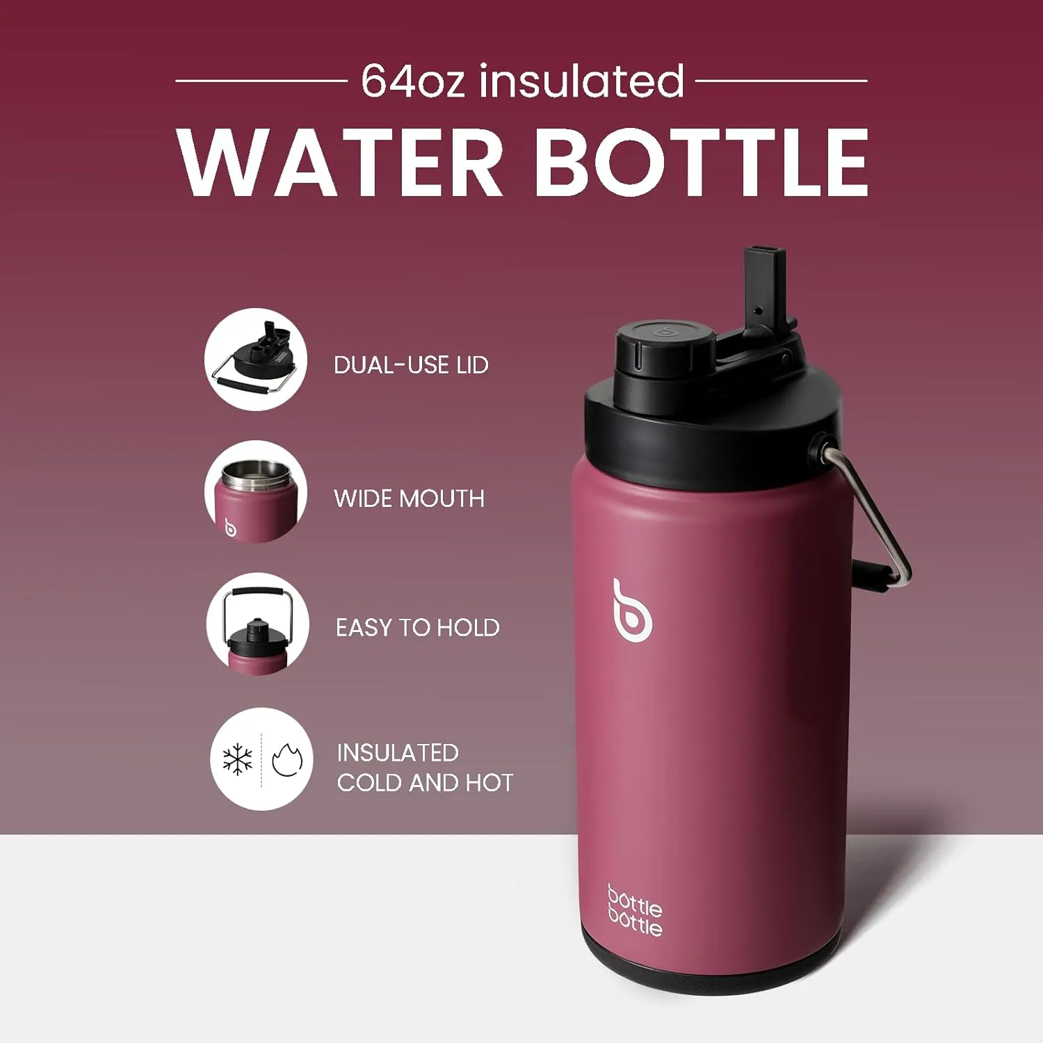 BOTTLE BOTTLE Insulated Water Bottle 64 oz with Straw and Dual-use Lid Half Gallon Water Jug Vacuum Stainless Steel for Workout and Sports Insulated Beer Growler with Handle Red
