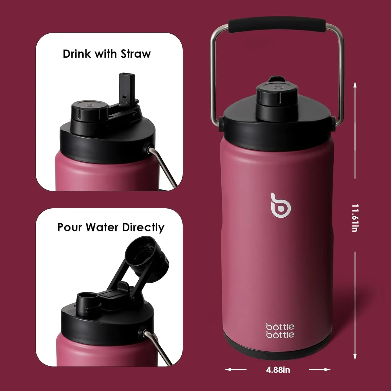 BOTTLE BOTTLE Insulated Water Bottle 64 oz with Straw and Dual-use Lid Half Gallon Water Jug Vacuum Stainless Steel for Workout and Sports Insulated Beer Growler with Handle Red