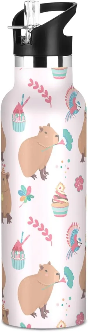 Boys Water Bottle with Straw Reusable Tumbler for Toddlers 20oz Kids Insulated Cups Leak Proof Double Wall 304 Stainless Steel Water Flask School Bottle,Capybara Bird and Cupcake