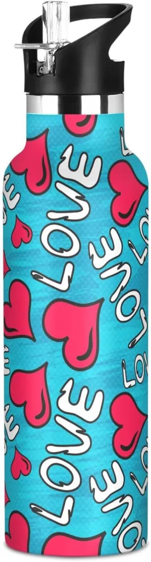 Boys Water Bottle with Straw Reusable Tumbler for Toddlers 20oz Kids Insulated Cups Leak Proof Double Wall 304 Stainless Steel Water Flask School Bottle,Graffiti Valentine Day Heart