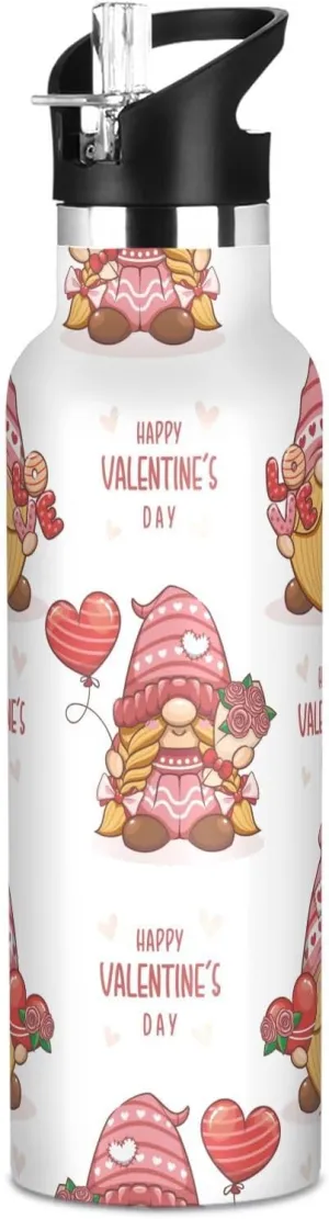 Boys Water Bottle with Straw Reusable Tumbler for Toddlers 20oz Kids Insulated Cups Leak Proof Double Wall 304 Stainless Steel Water Flask School Bottle,Happy Valentine with Gnomes