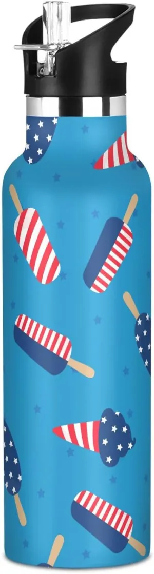 Boys Water Bottle with Straw Reusable Tumbler for Toddlers 20oz Kids Insulated Cups Leak Proof Double Wall 304 Stainless Steel Water Flask School Bottle,Ice Cream and Stars