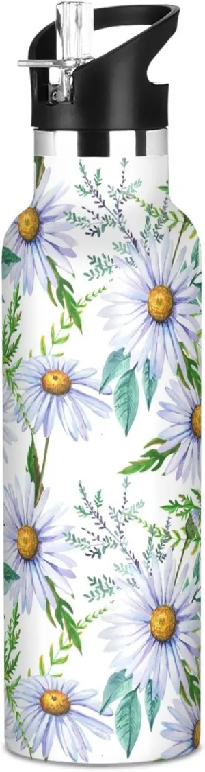 Boys Water Bottle with Straw Reusable Tumbler for Toddlers 20oz Kids Insulated Cups Leak Proof Double Wall 304 Stainless Steel Water Flask School Bottle,Purple Daisy and Leaves